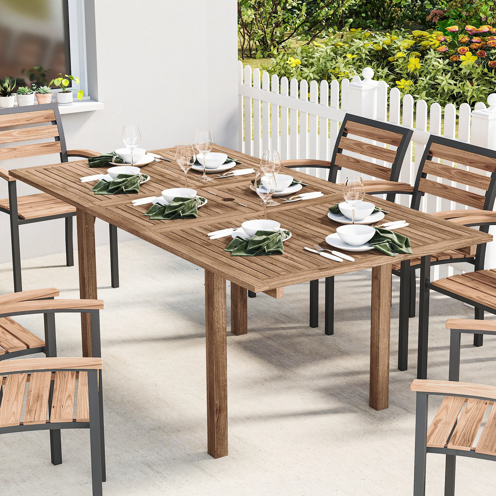 Outsunny Extending Garden Table, Acacia Wood Outdoor Dining Table For 6-8 - Image 2
