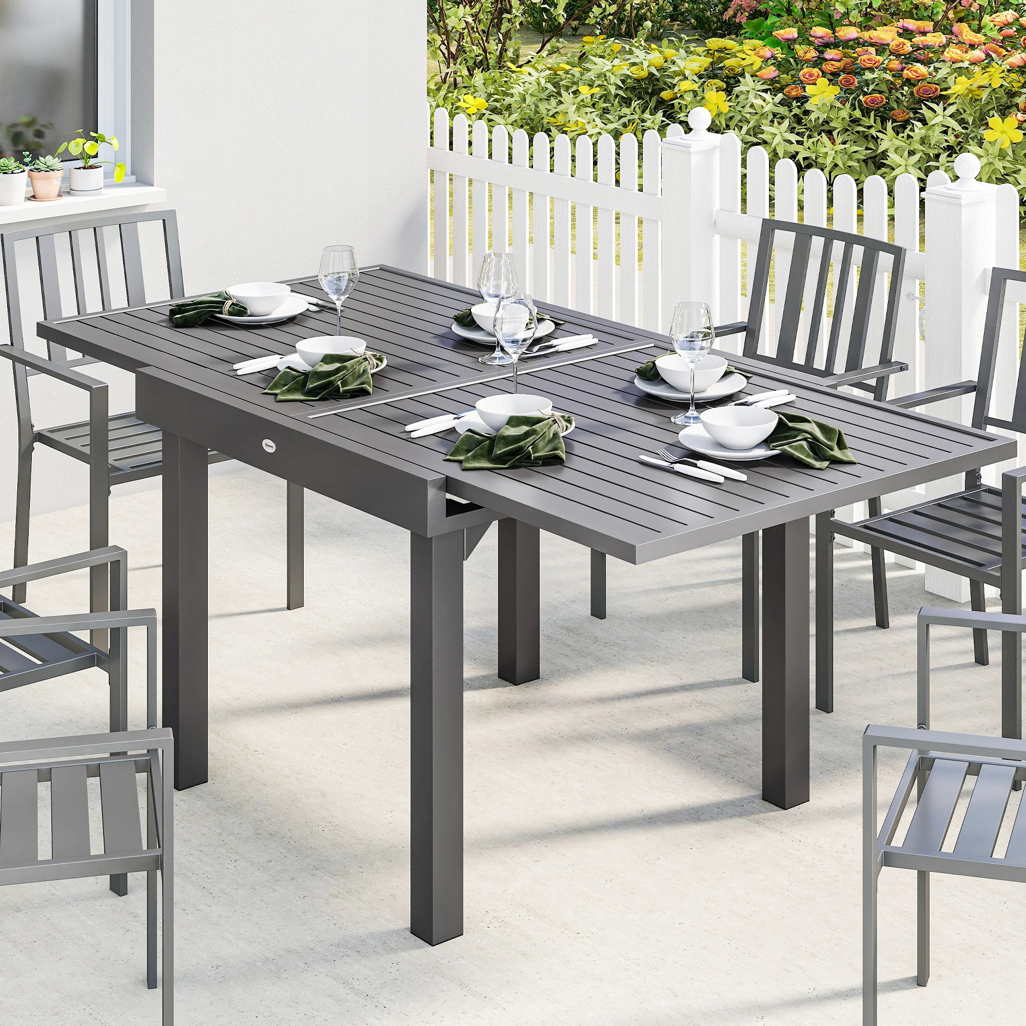 Outsunny Extending Garden Table For 4-8, Aluminium Outdoor Table, Dark Grey - Image 7