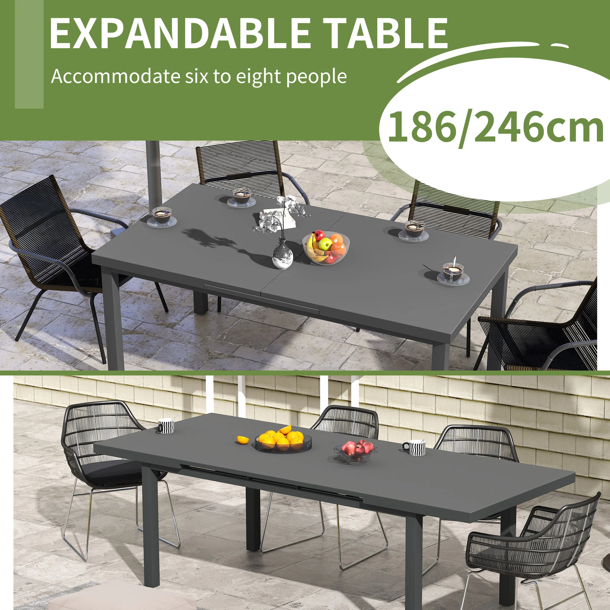 Outsunny Extending Garden Table Outdoor for 6-8 People, Aluminium Frame - Image 3