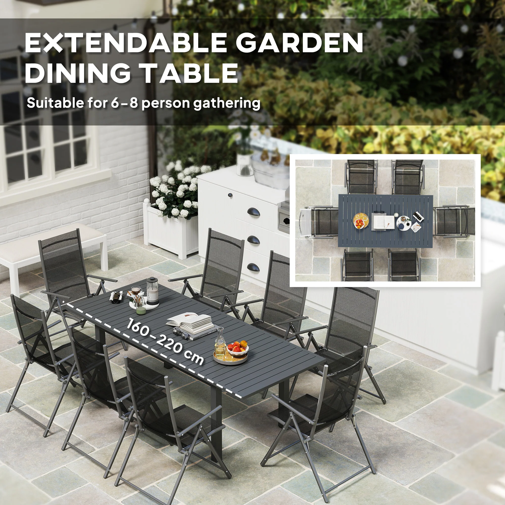 Outsunny Extending Garden Table with Slatted Top, 160/220 x 90 x 73 cm, Grey - Image 3