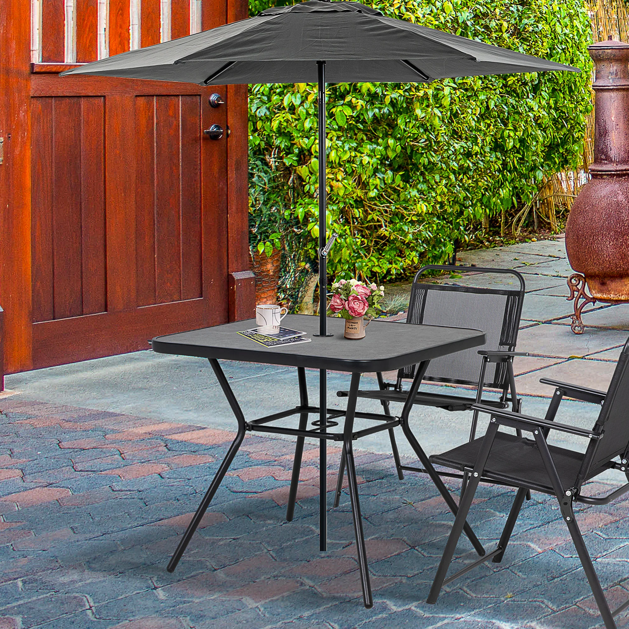 Outsunny Faux-marbled Patio Table with Umbrella Hole Steel Frame for Balcony - Image 2