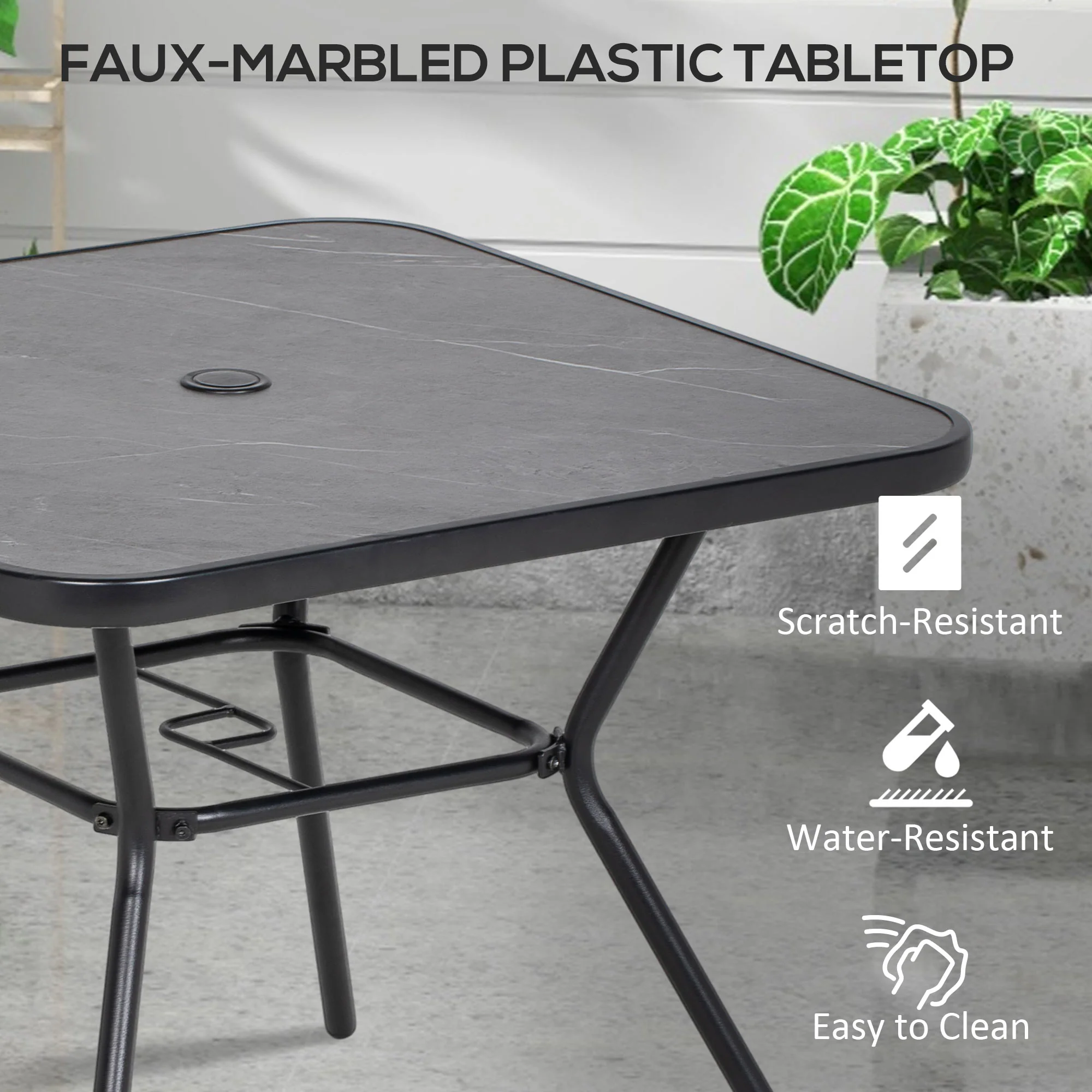 Outsunny Faux-marbled Patio Table with Umbrella Hole Steel Frame for Balcony - Image 3