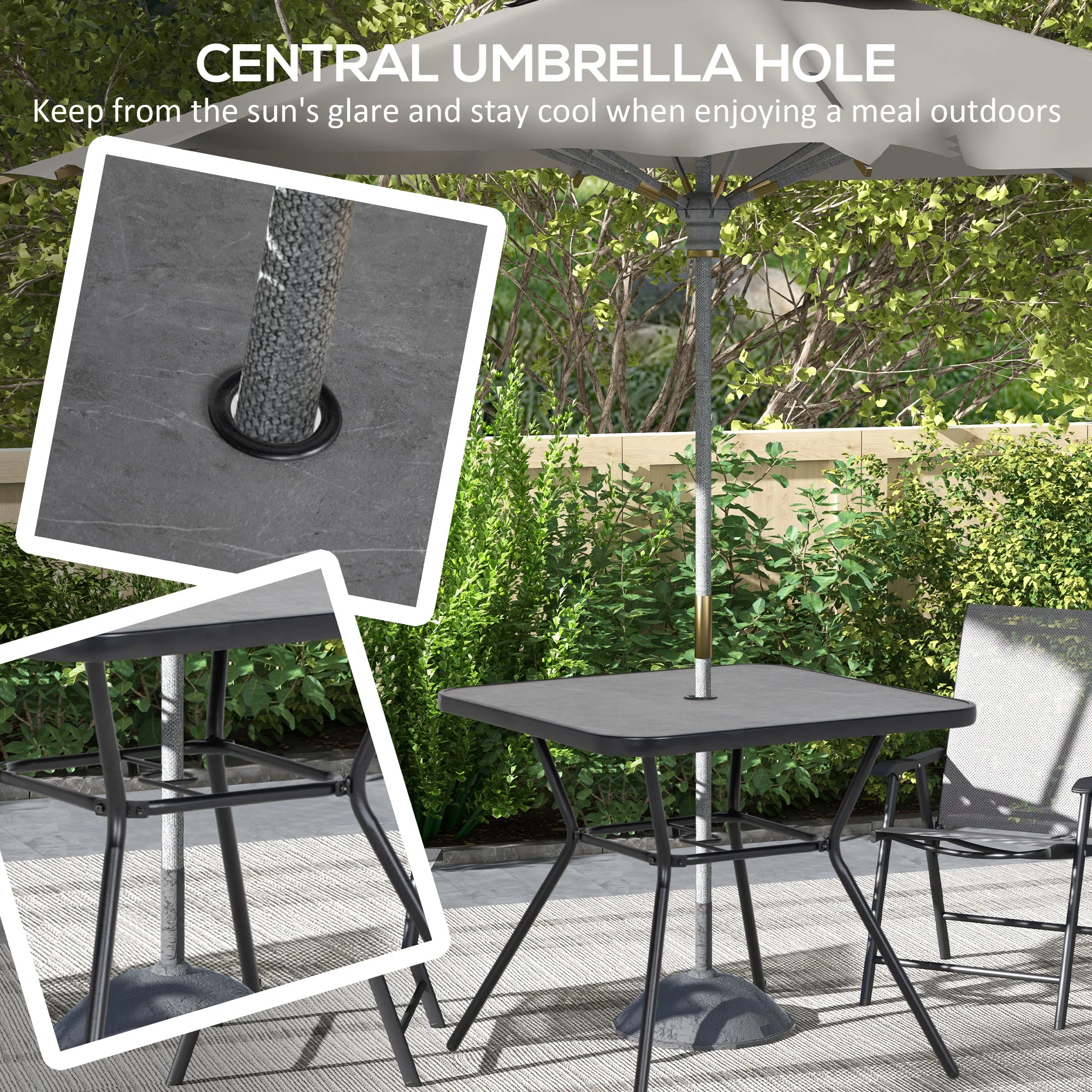 Outsunny Faux-marbled Patio Table with Umbrella Hole Steel Frame for Balcony - Image 4