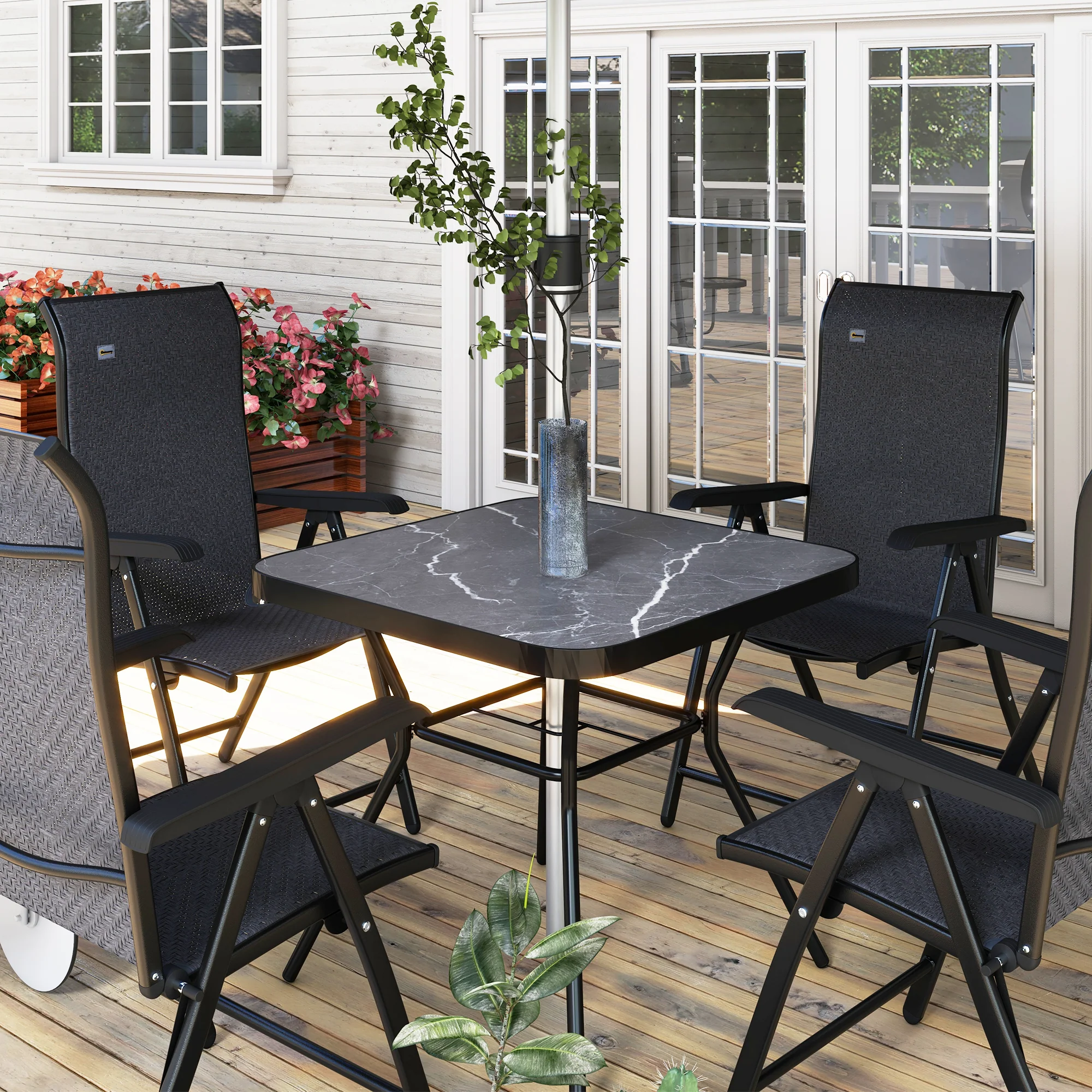 Outsunny Faux-marbled Patio Table with Umbrella Hole Steel Frame for Balcony - Image 9