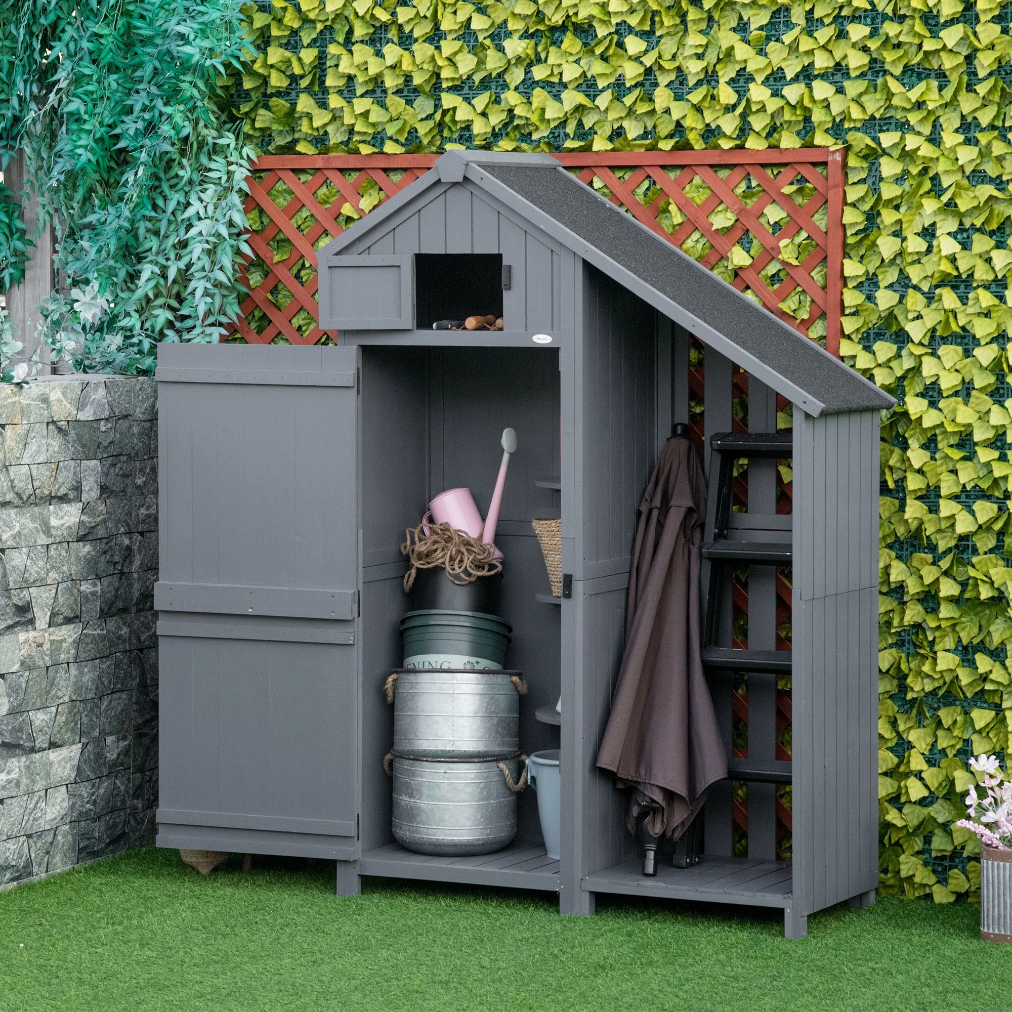 Outsunny  Fir Garden Storage Shed With Shelves Log Rack, For Garden Tools - Image 2