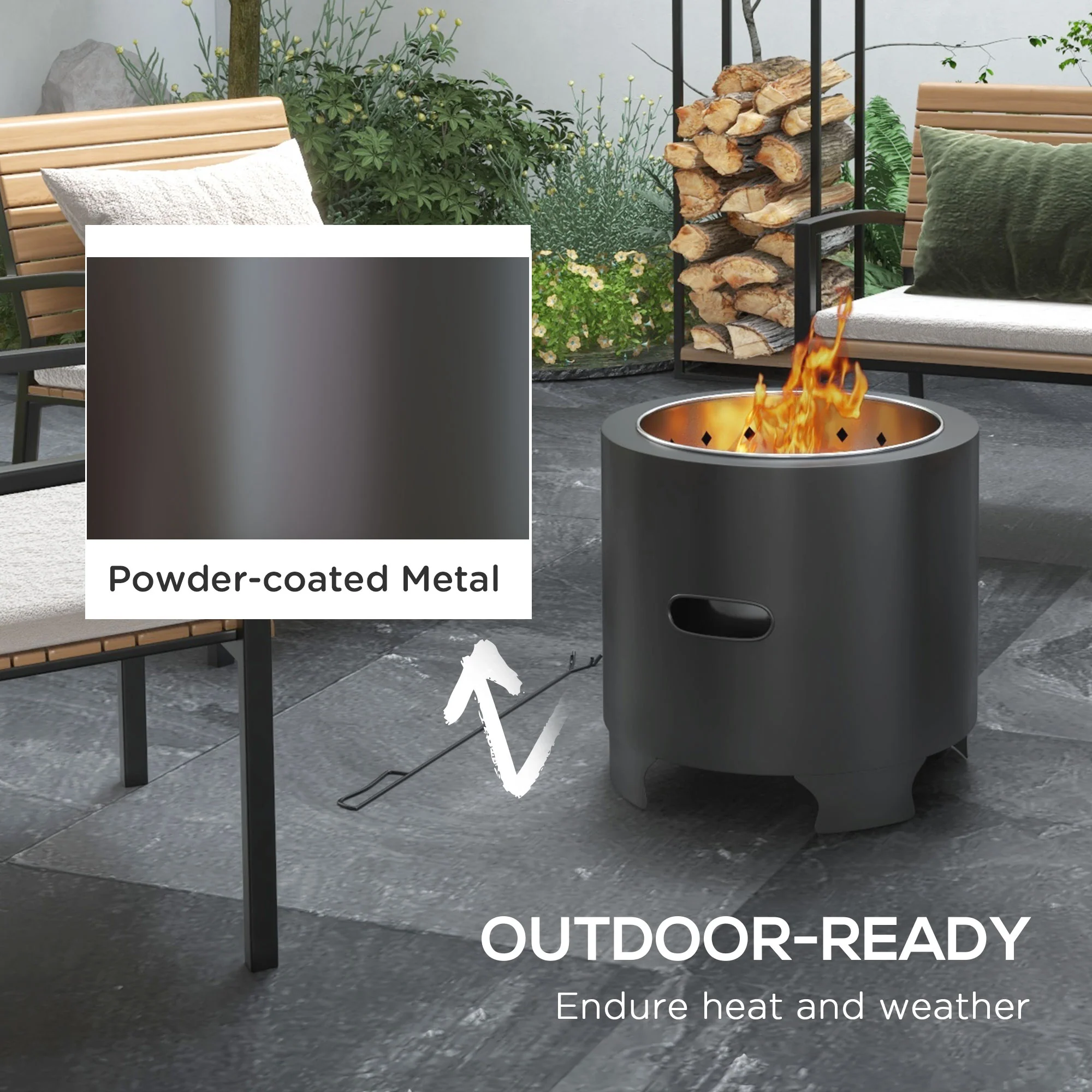 Outsunny Fire Pit, Round Metal Bonfire Stove with Poker, Black - Image 4