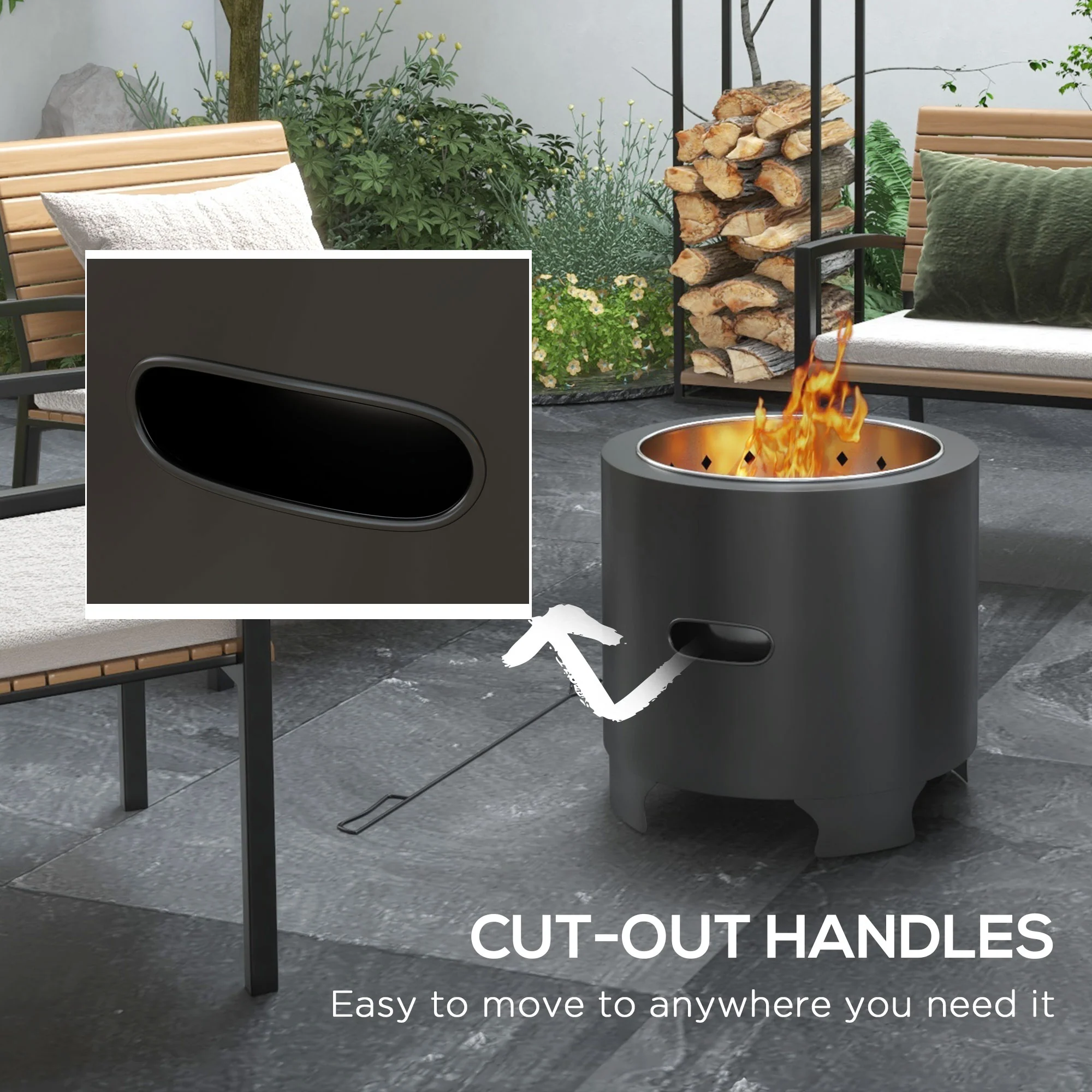 Outsunny Fire Pit, Round Metal Bonfire Stove with Poker, Black - Image 6