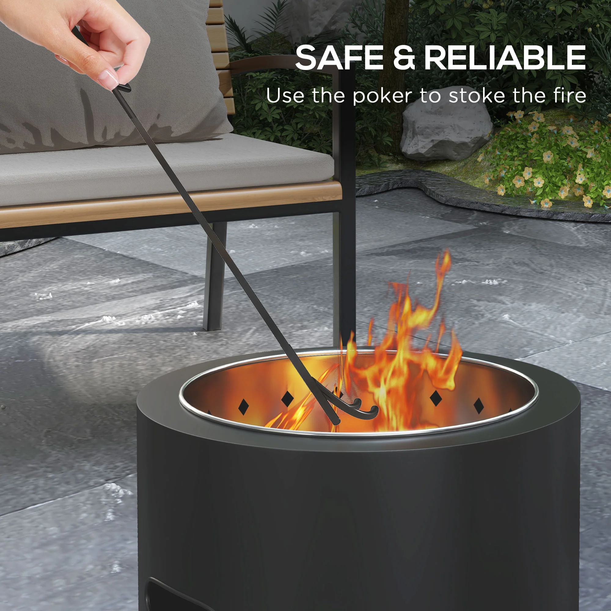 Outsunny Fire Pit, Round Metal Bonfire Stove with Poker, Black - Image 7