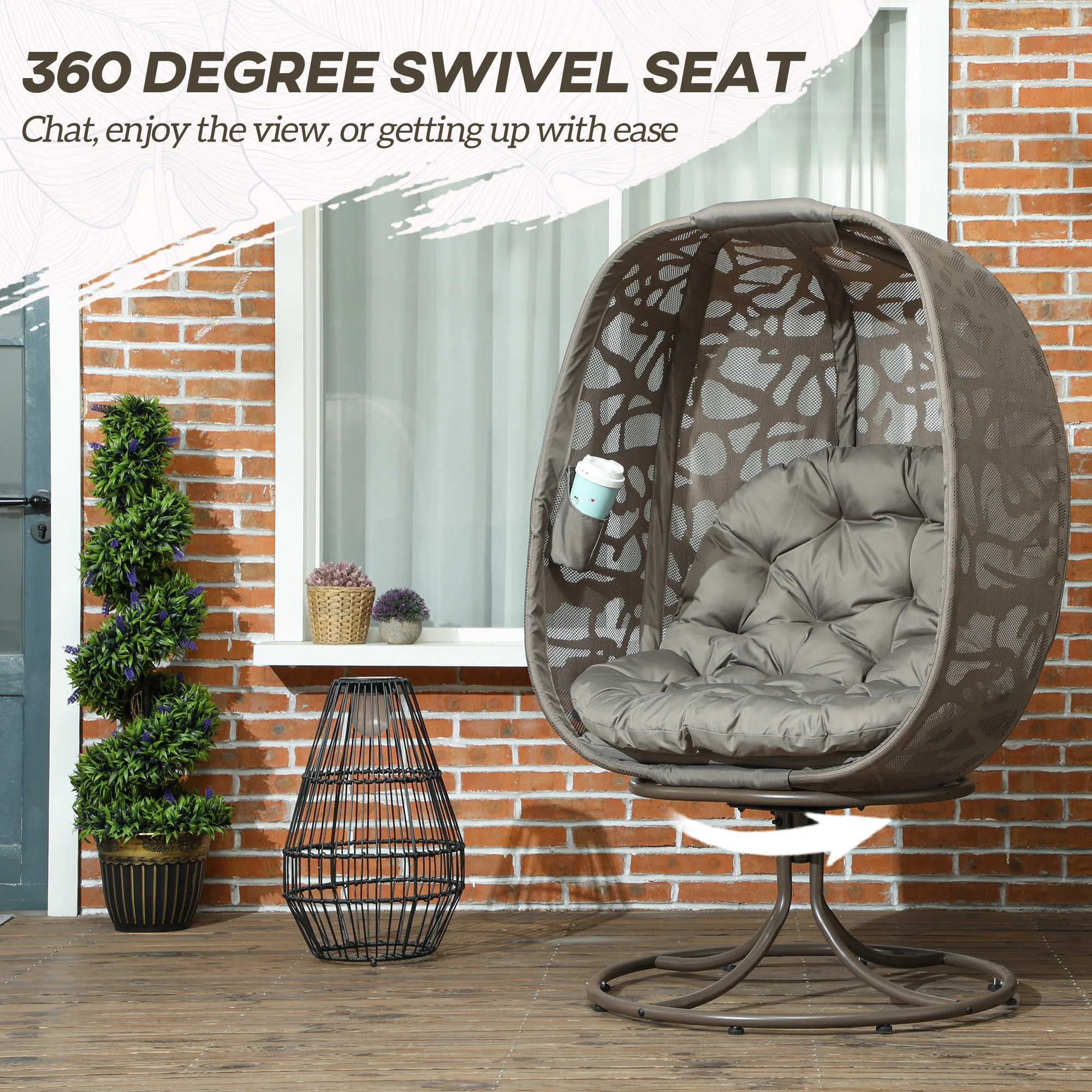 Outsunny Foldable Egg Chair with Cushions, Indoor Outdoor Swivel Lounger, Sand - Image 12