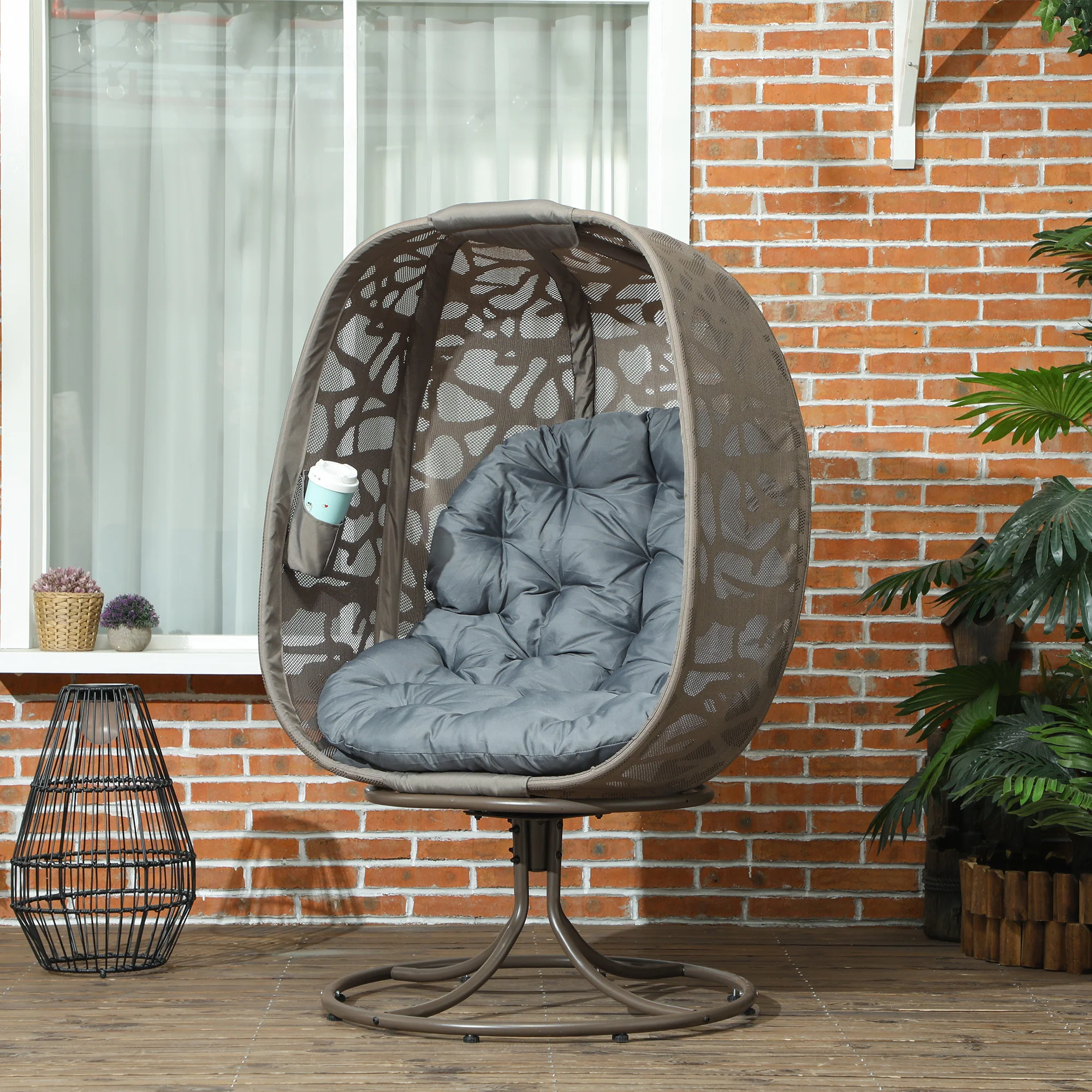 Outsunny Foldable Egg Chair with Cushions, Indoor Outdoor Swivel Lounger, Sand - Image 2