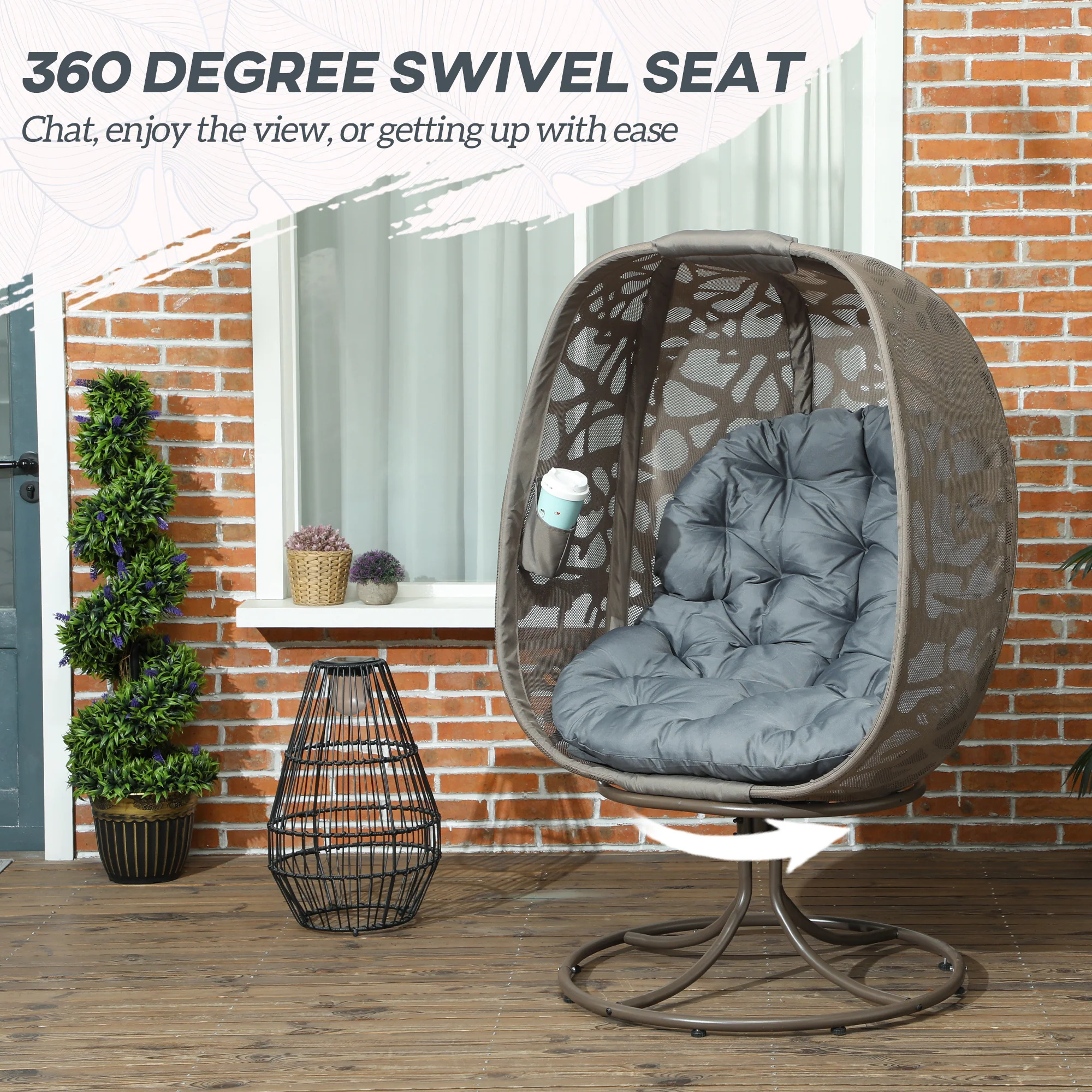 Outsunny Foldable Egg Chair with Cushions, Indoor Outdoor Swivel Lounger, Sand - Image 3