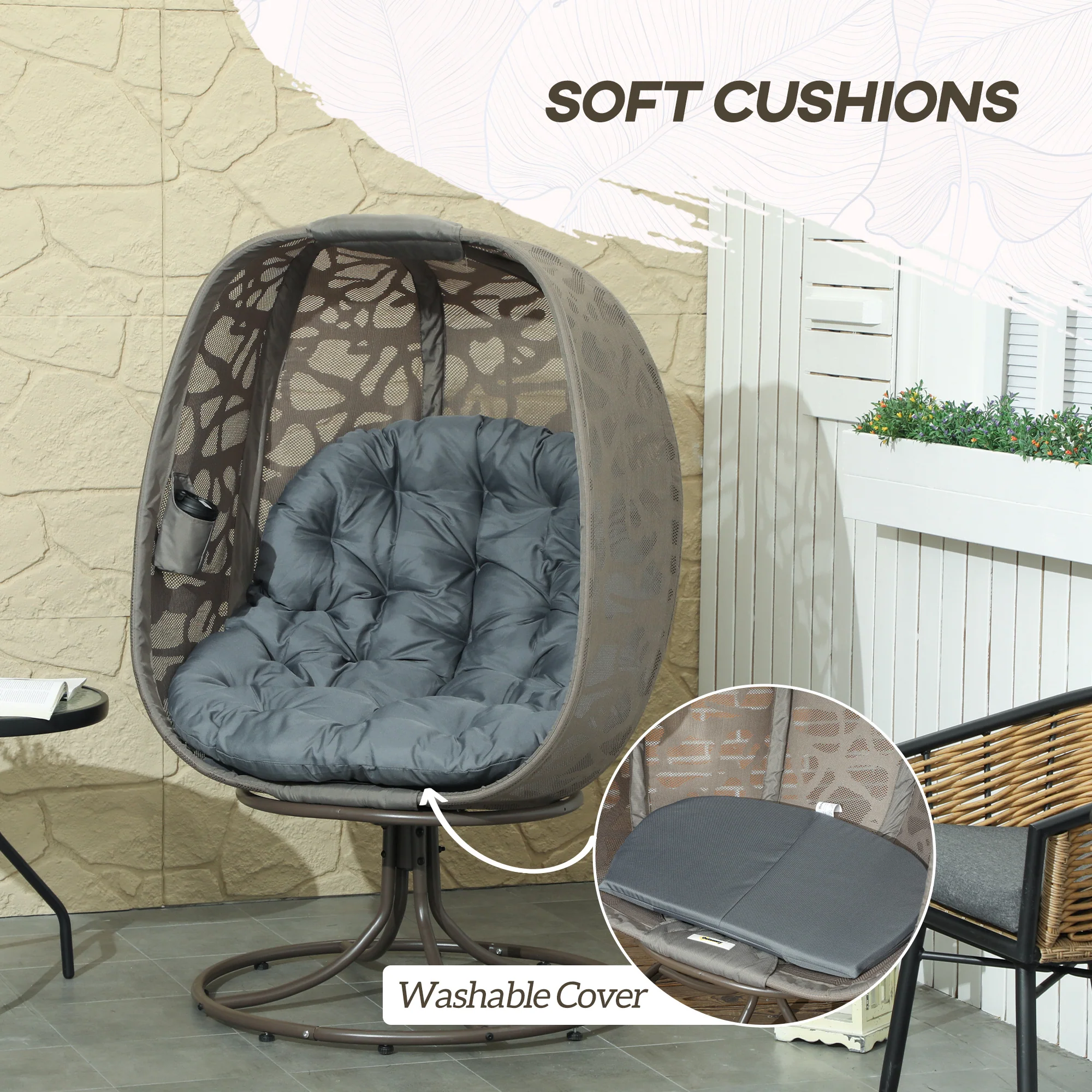 Outsunny Foldable Egg Chair with Cushions, Indoor Outdoor Swivel Lounger, Sand - Image 4