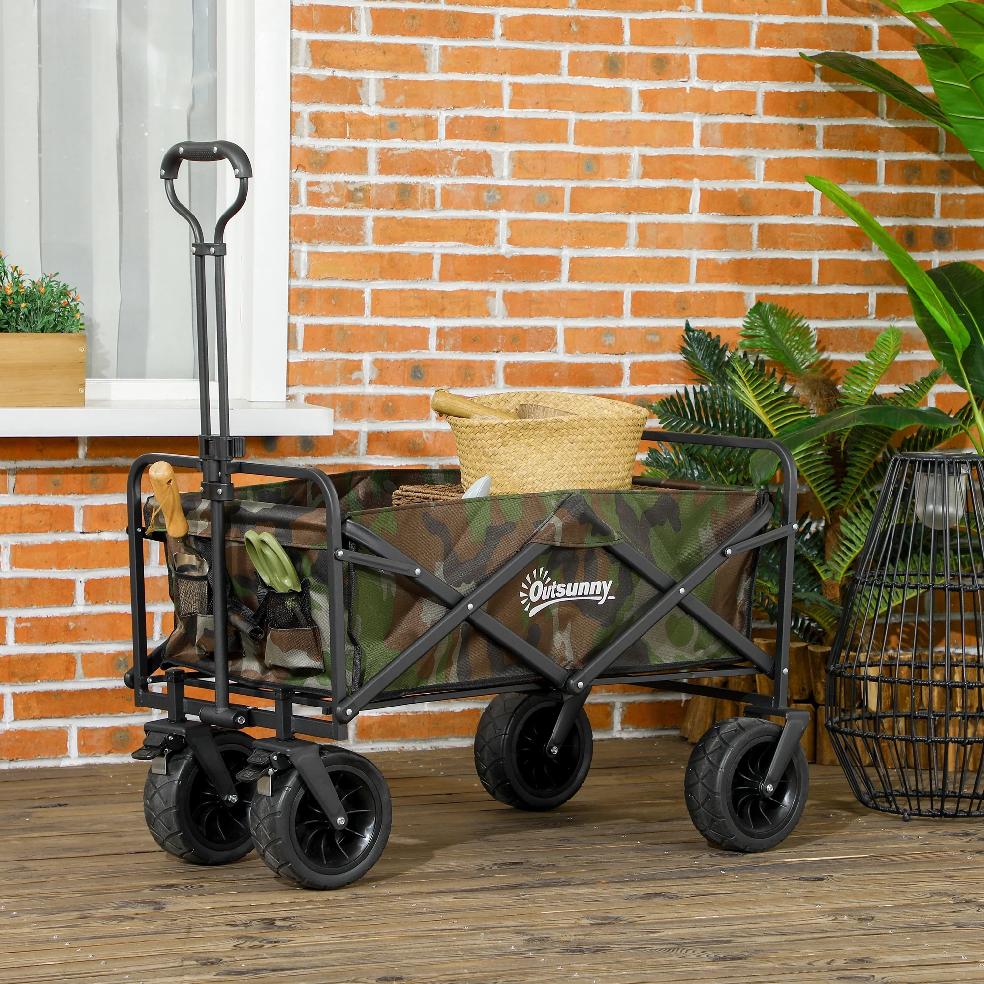 Outsunny Foldable Garden Cart, Outdoor Utility Wagon With Carry Bag, Camouflage - Image 2