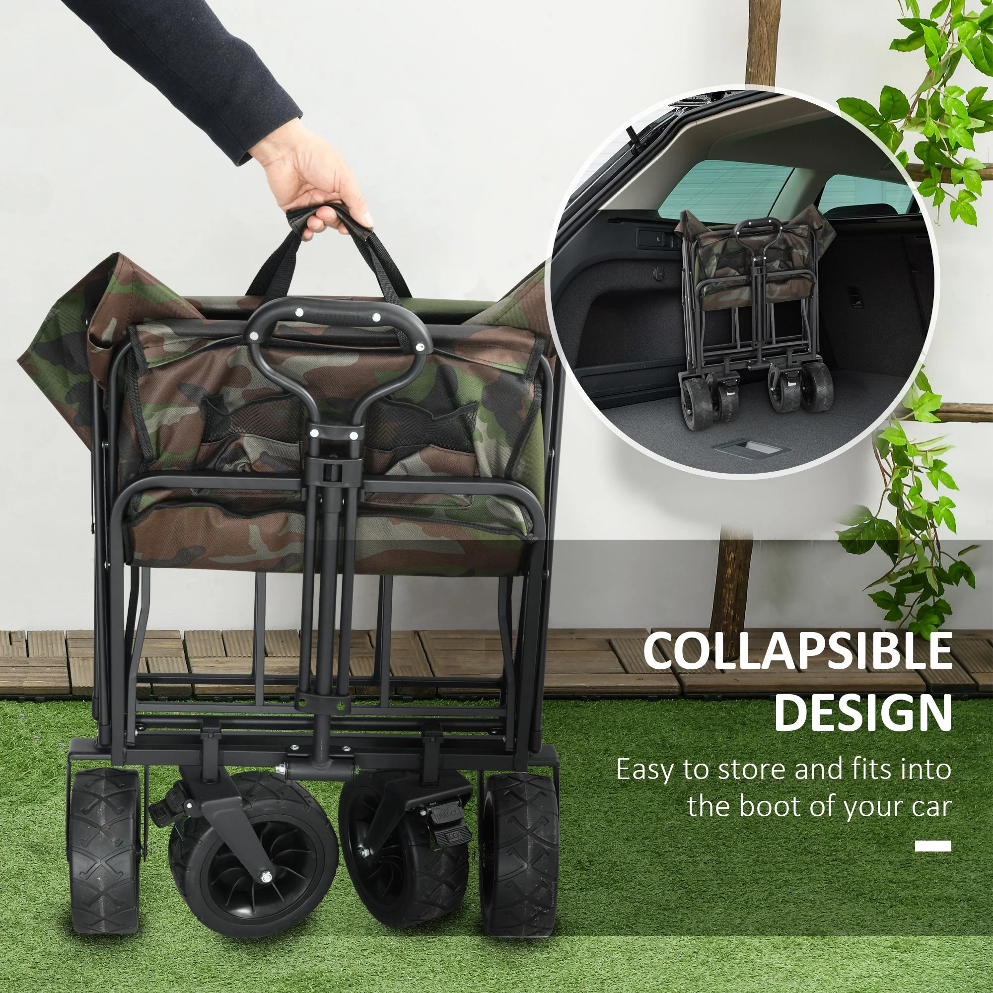 Outsunny Foldable Garden Cart, Outdoor Utility Wagon With Carry Bag, Camouflage - Image 3