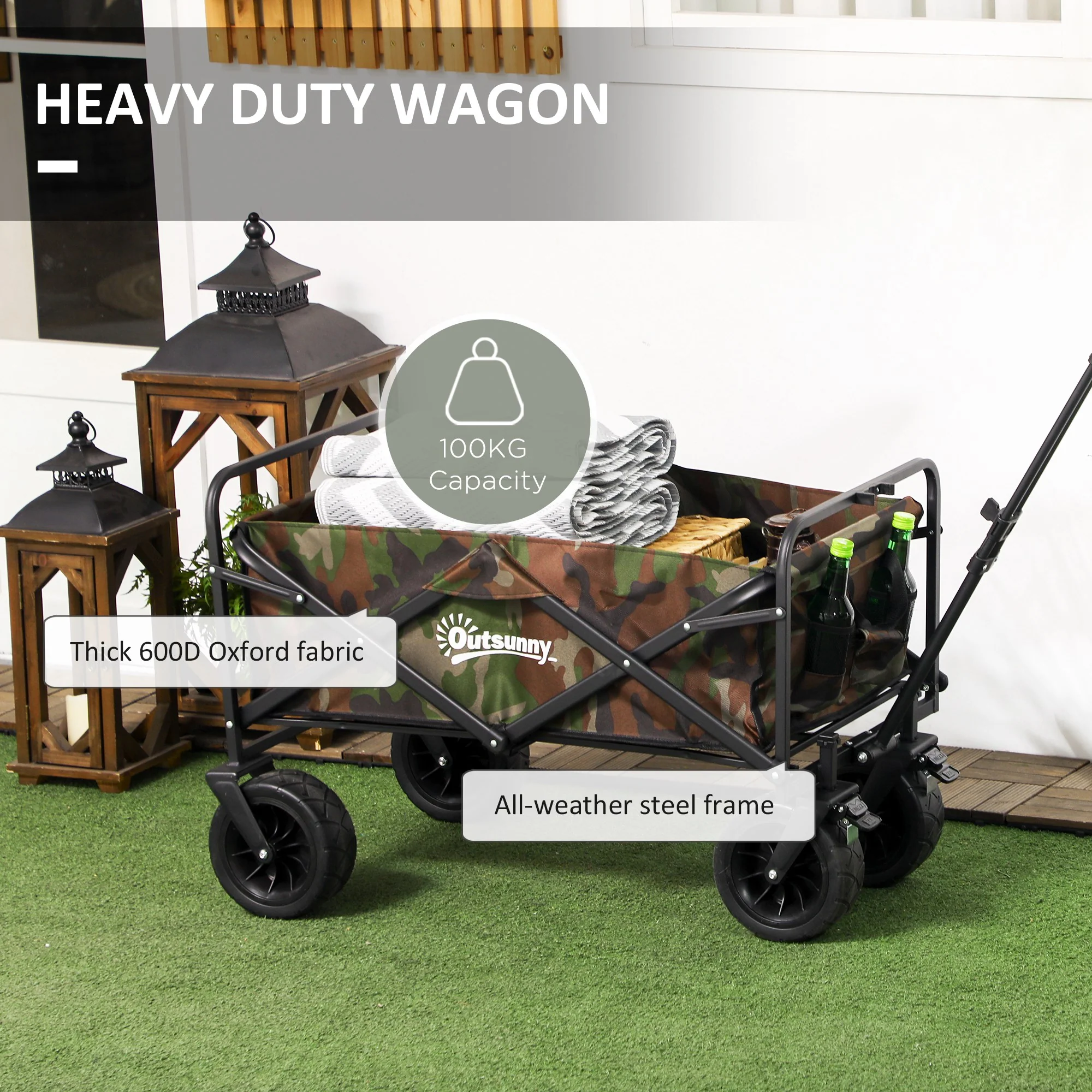 Outsunny Foldable Garden Cart, Outdoor Utility Wagon With Carry Bag, Camouflage - Image 6
