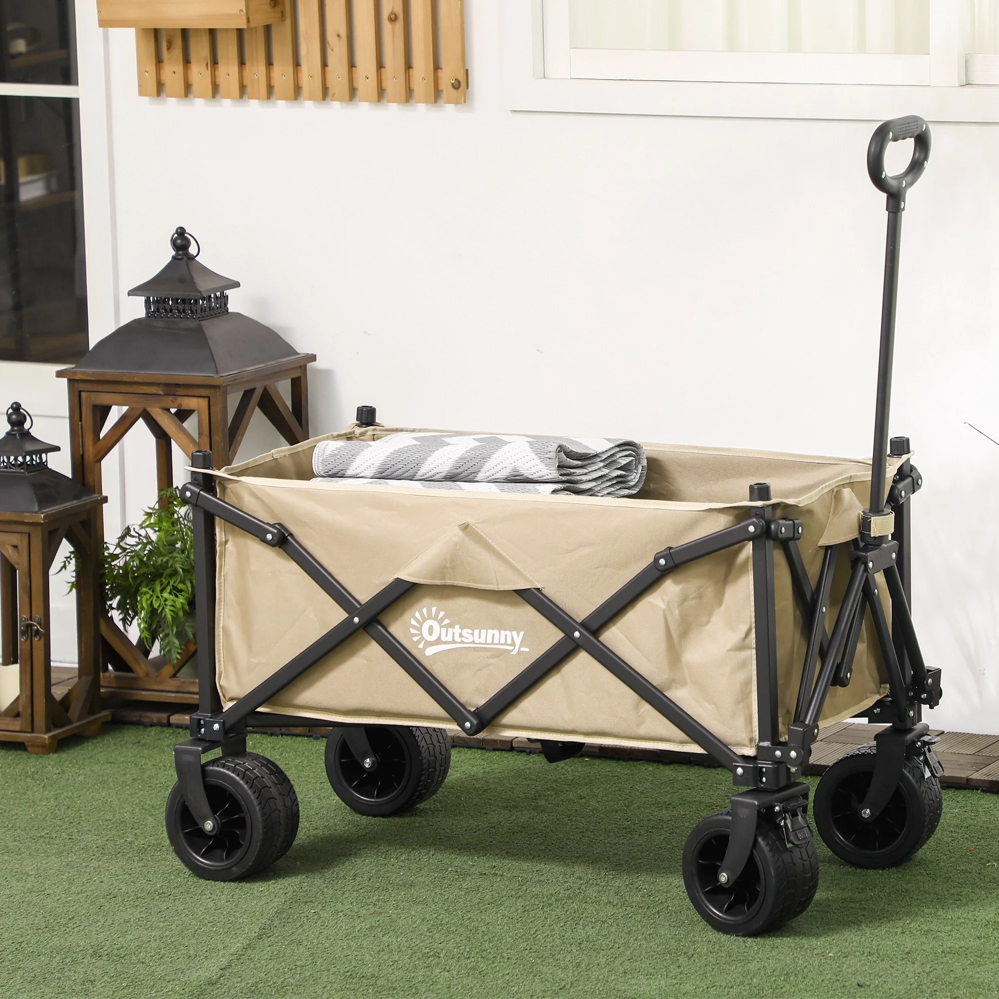 Outsunny Foldable Garden Cart, Outdoor Utility Wagon With Carry Bag, Khaki - Image 2