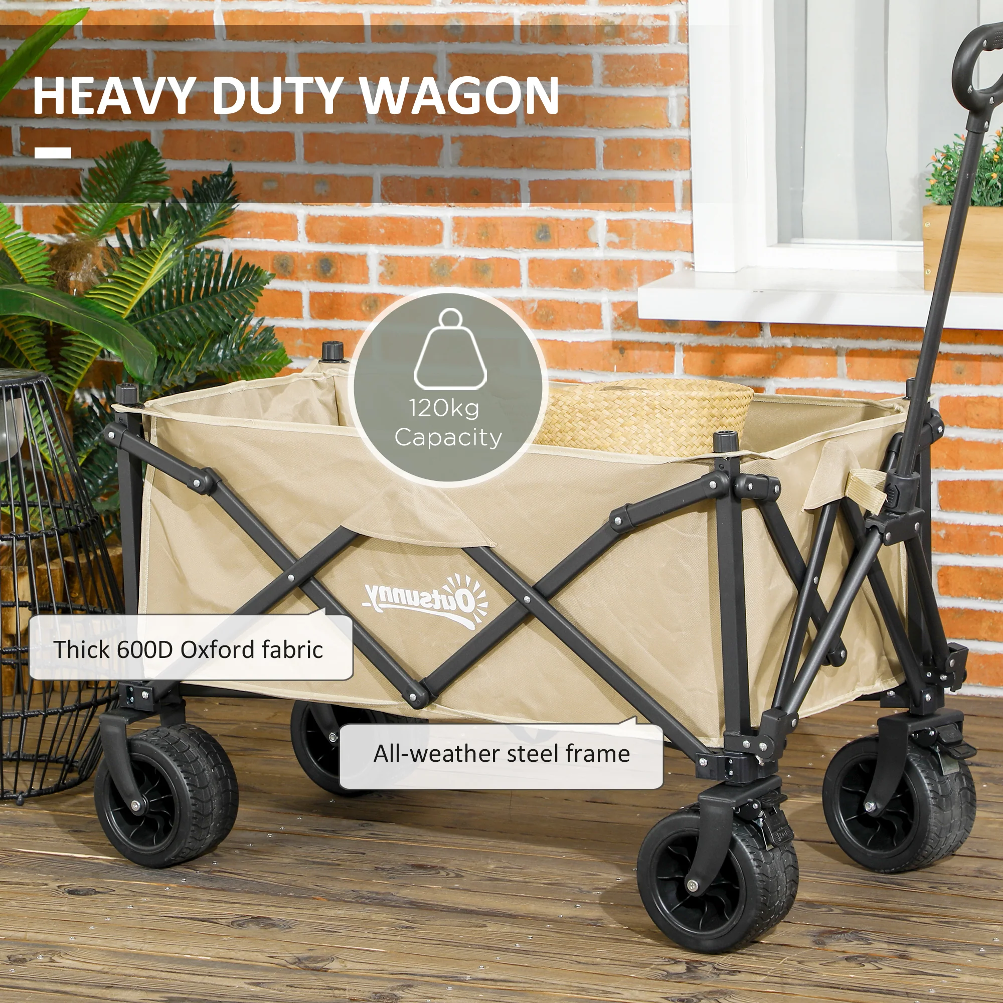Outsunny Foldable Garden Cart, Outdoor Utility Wagon With Carry Bag, Khaki - Image 6
