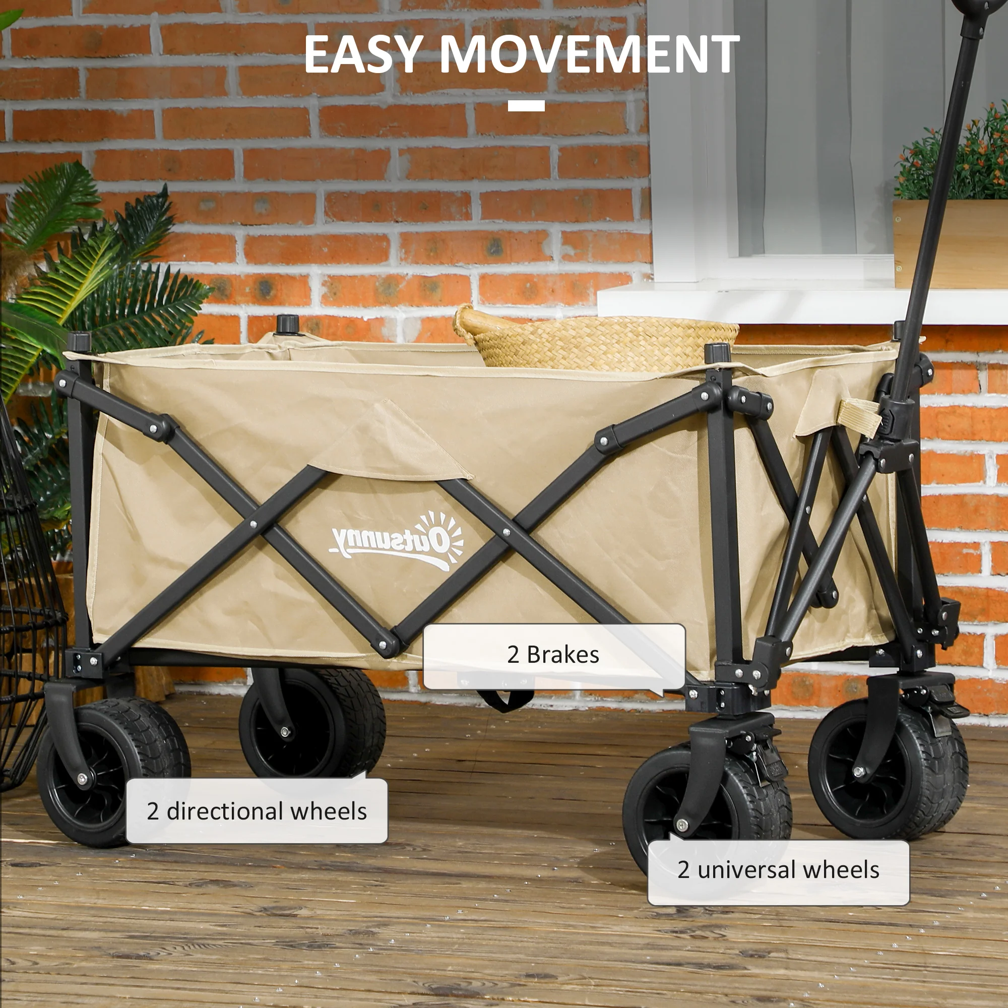 Outsunny Foldable Garden Cart, Outdoor Utility Wagon With Carry Bag, Khaki - Image 7