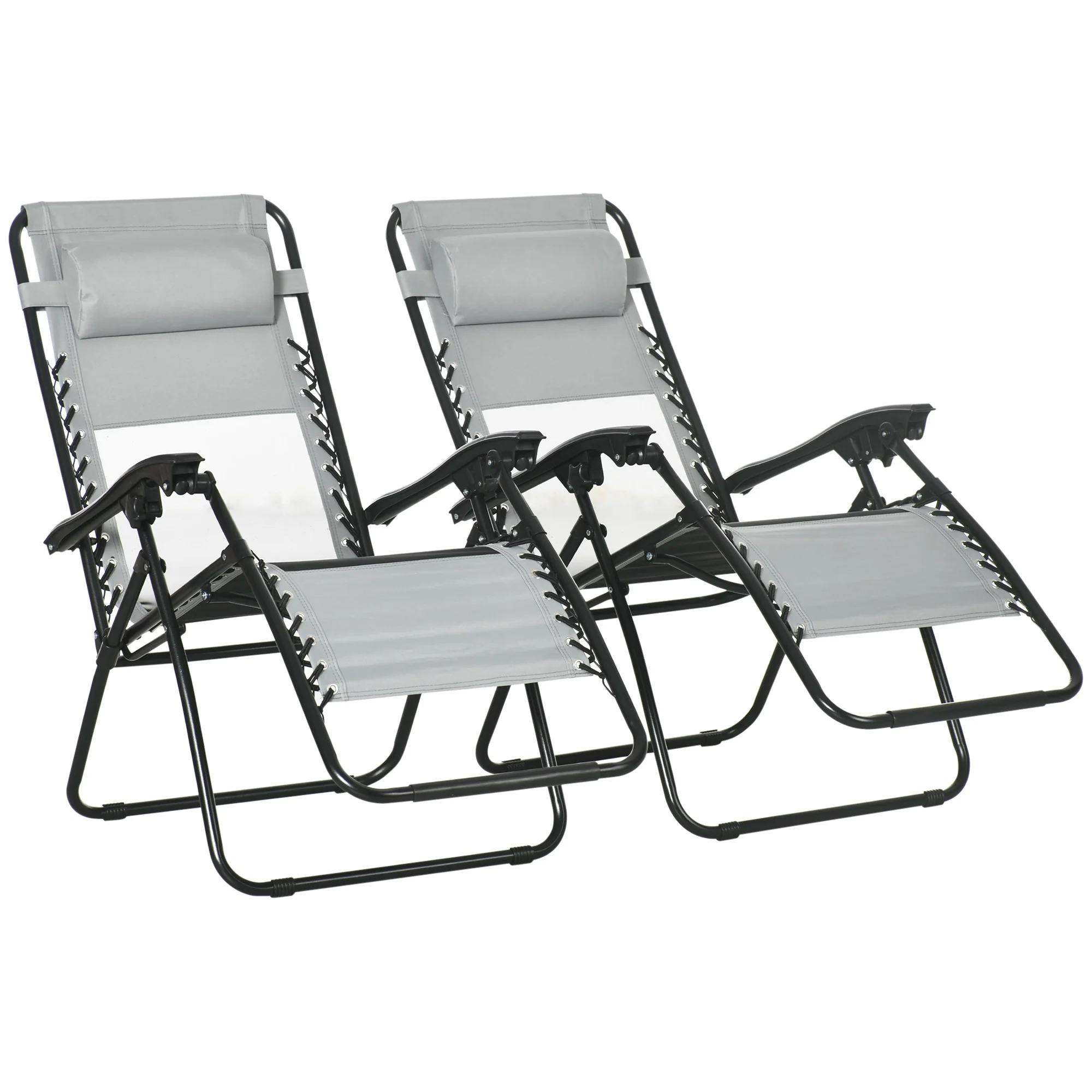 Outsunny Foldable Garden Recliner Chair Set of 2 w/ Footstool & Headrest, Grey