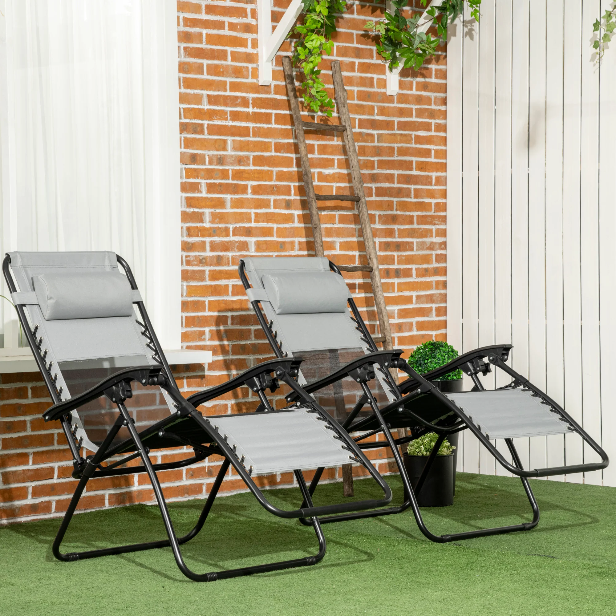Outsunny Foldable Garden Recliner Chair Set of 2 w/ Footstool & Headrest, Grey - Image 2