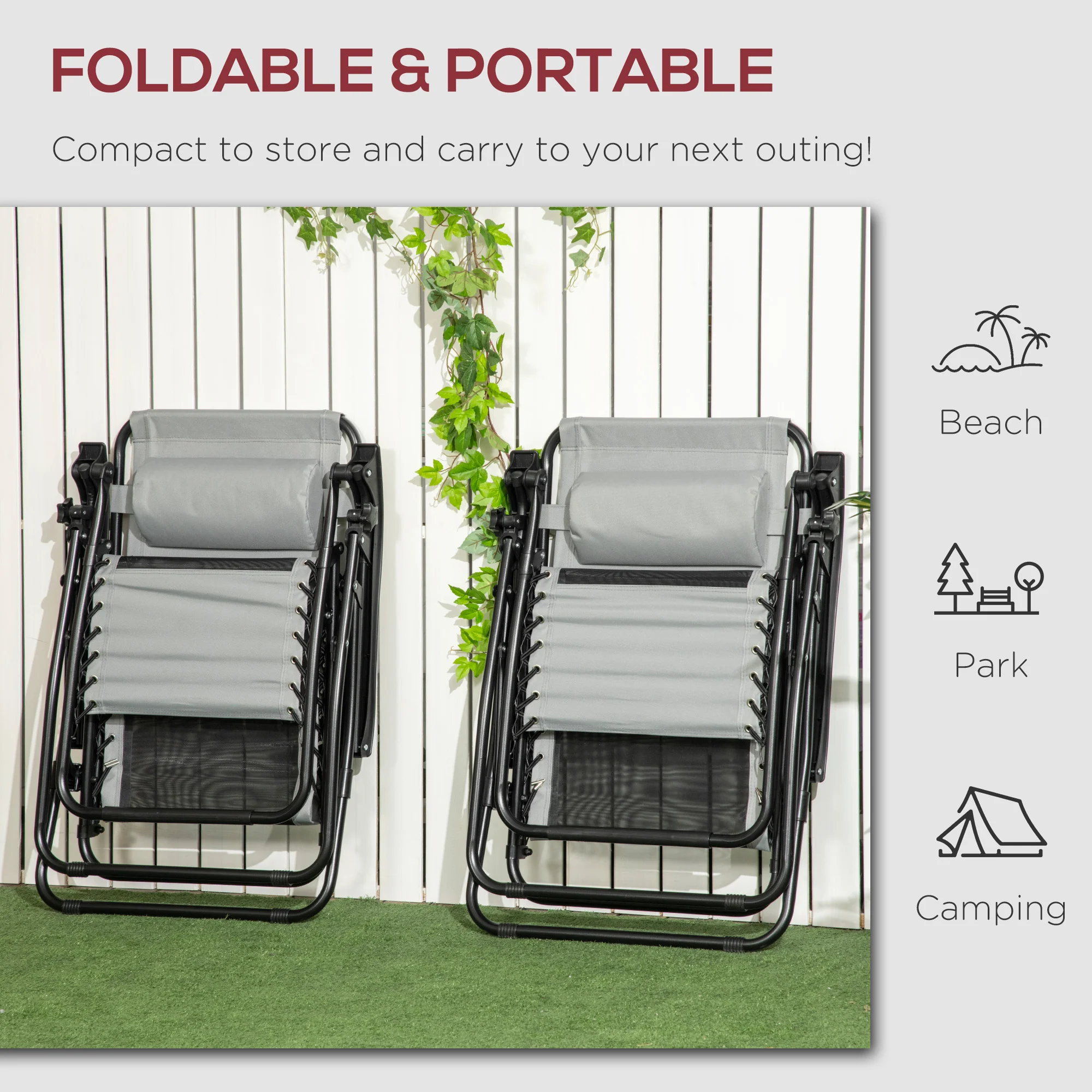 Outsunny Foldable Garden Recliner Chair Set of 2 w/ Footstool & Headrest, Grey - Image 4
