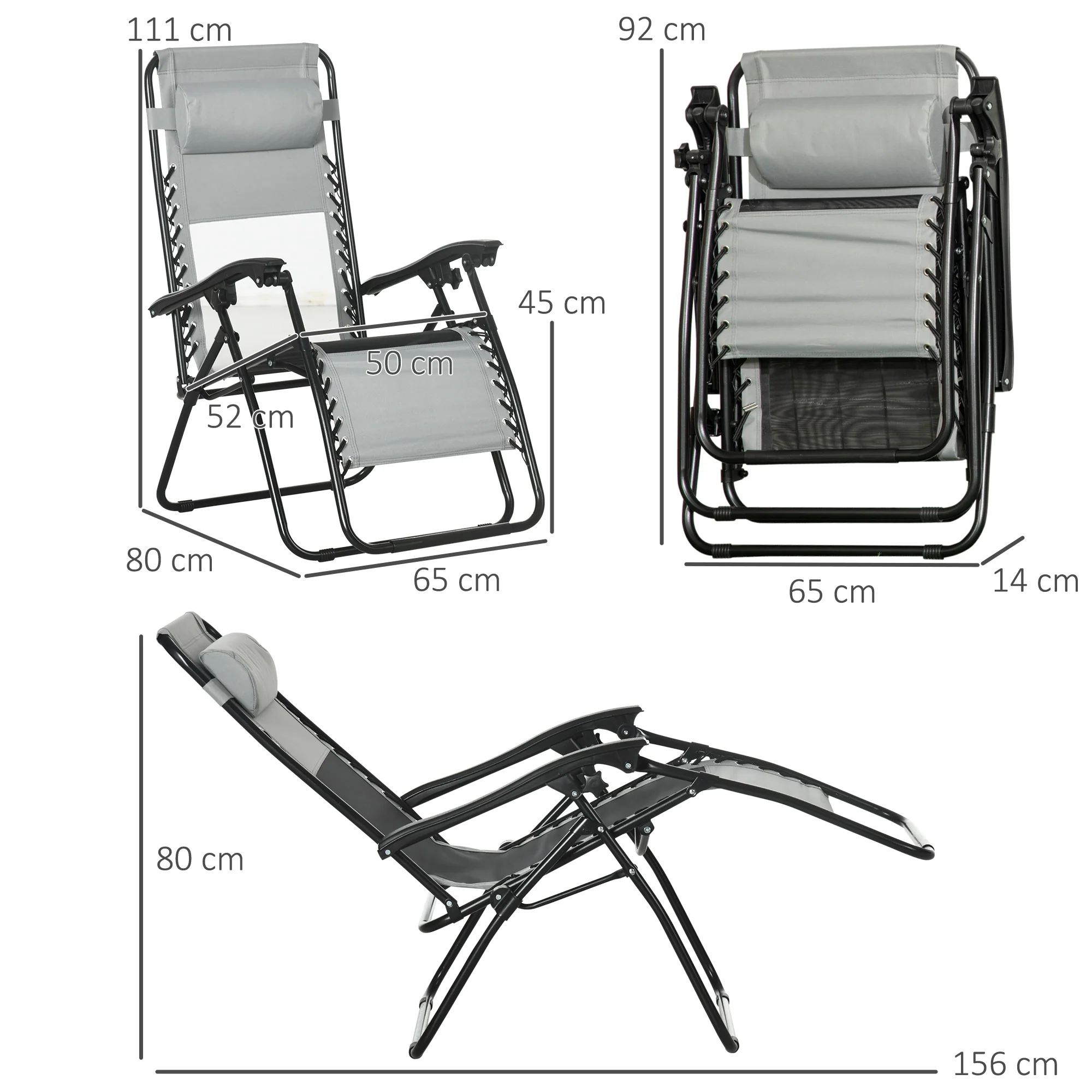 Outsunny Foldable Garden Recliner Chair Set of 2 w/ Footstool & Headrest, Grey - Image 5