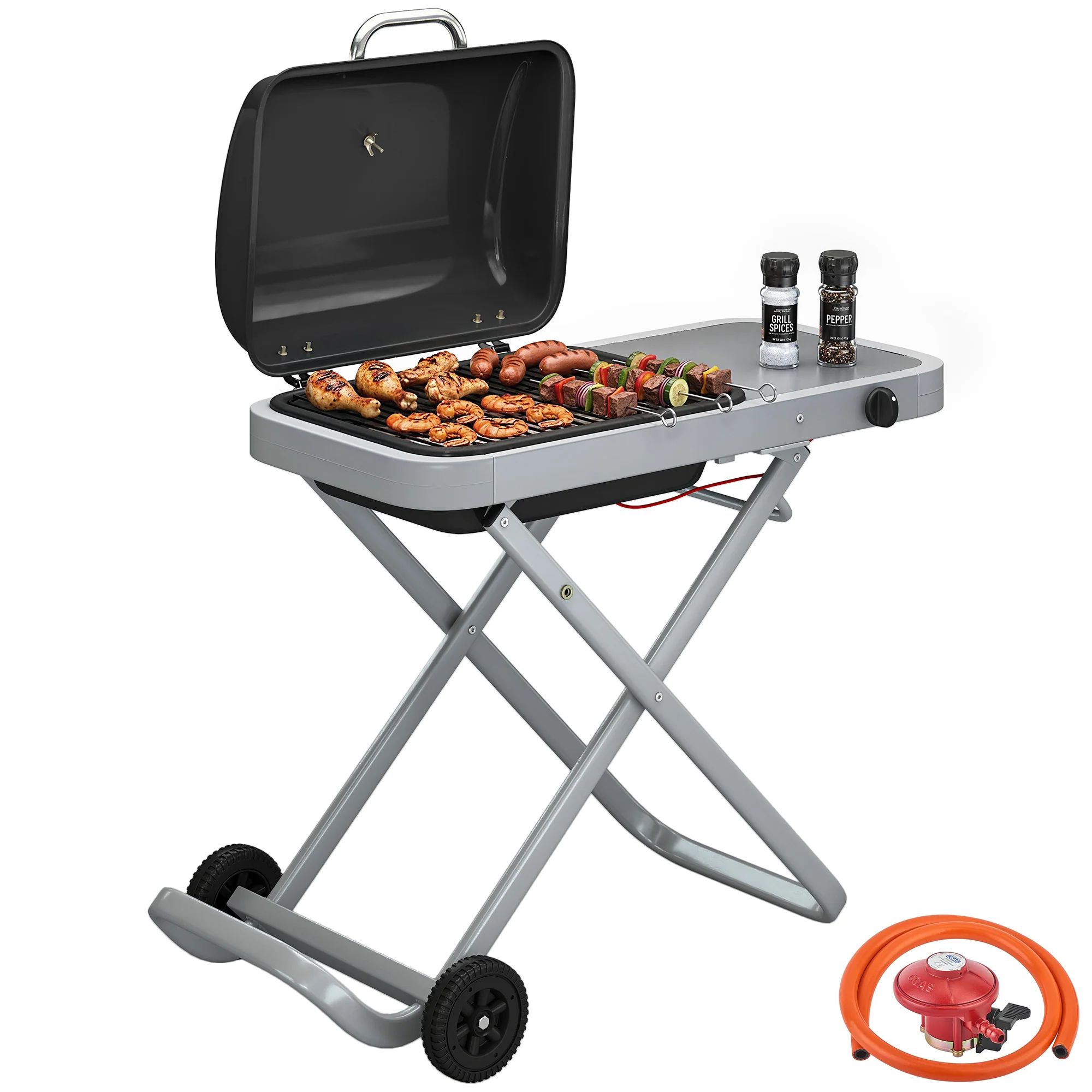Outsunny Foldable Gas BBQ Barbecue Grill With Side Table, 2.5 KW, Black
