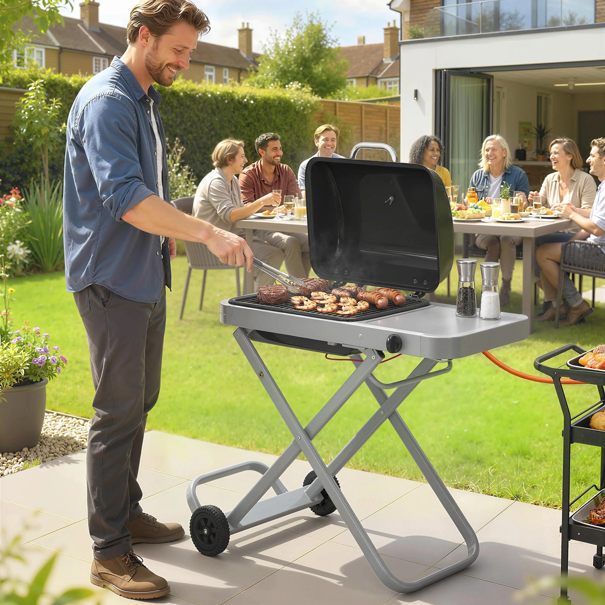 Outsunny Foldable Gas BBQ Barbecue Grill With Side Table, 2.5 KW, Black - Image 2