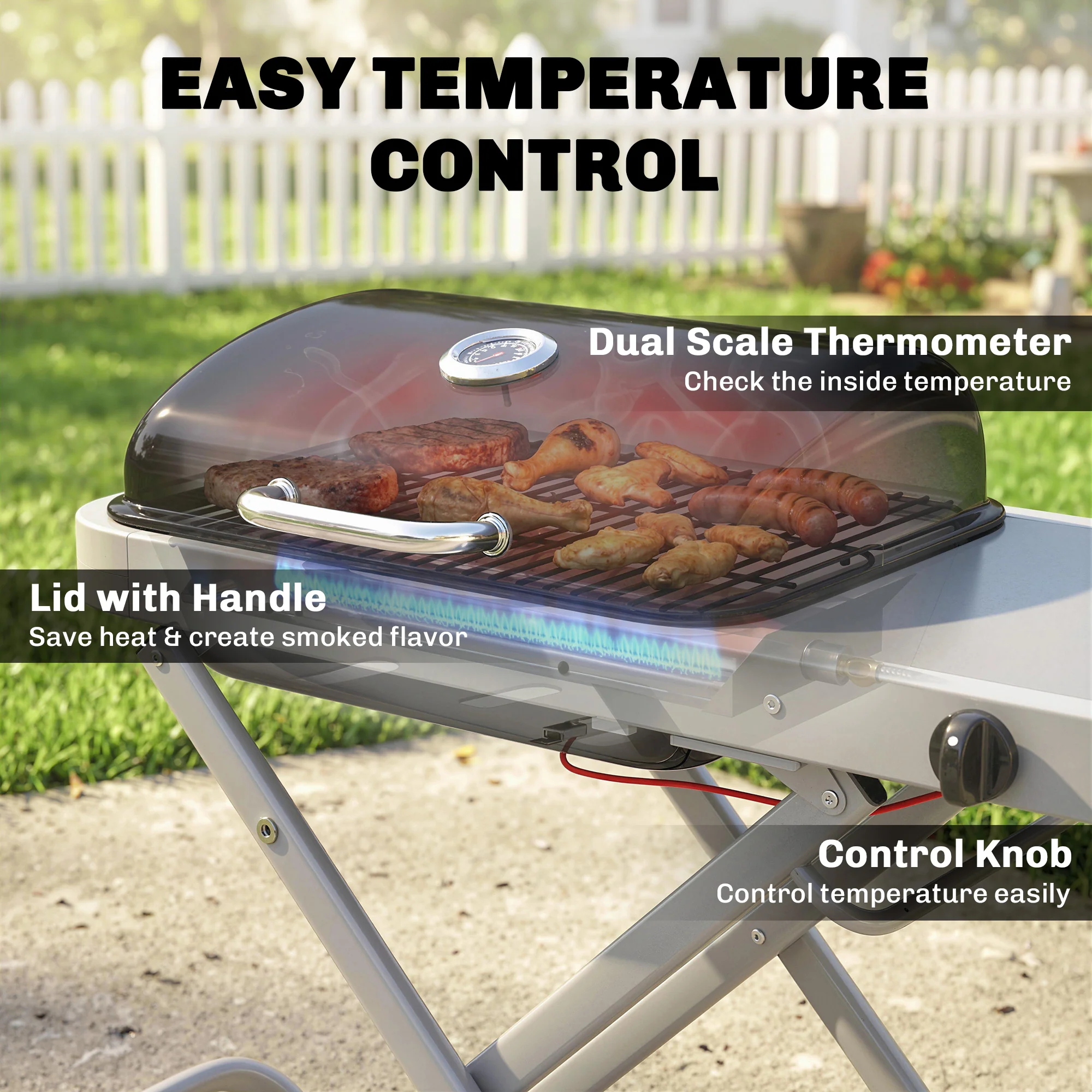 Outsunny Foldable Gas BBQ Barbecue Grill With Side Table, 2.5 KW, Black - Image 6