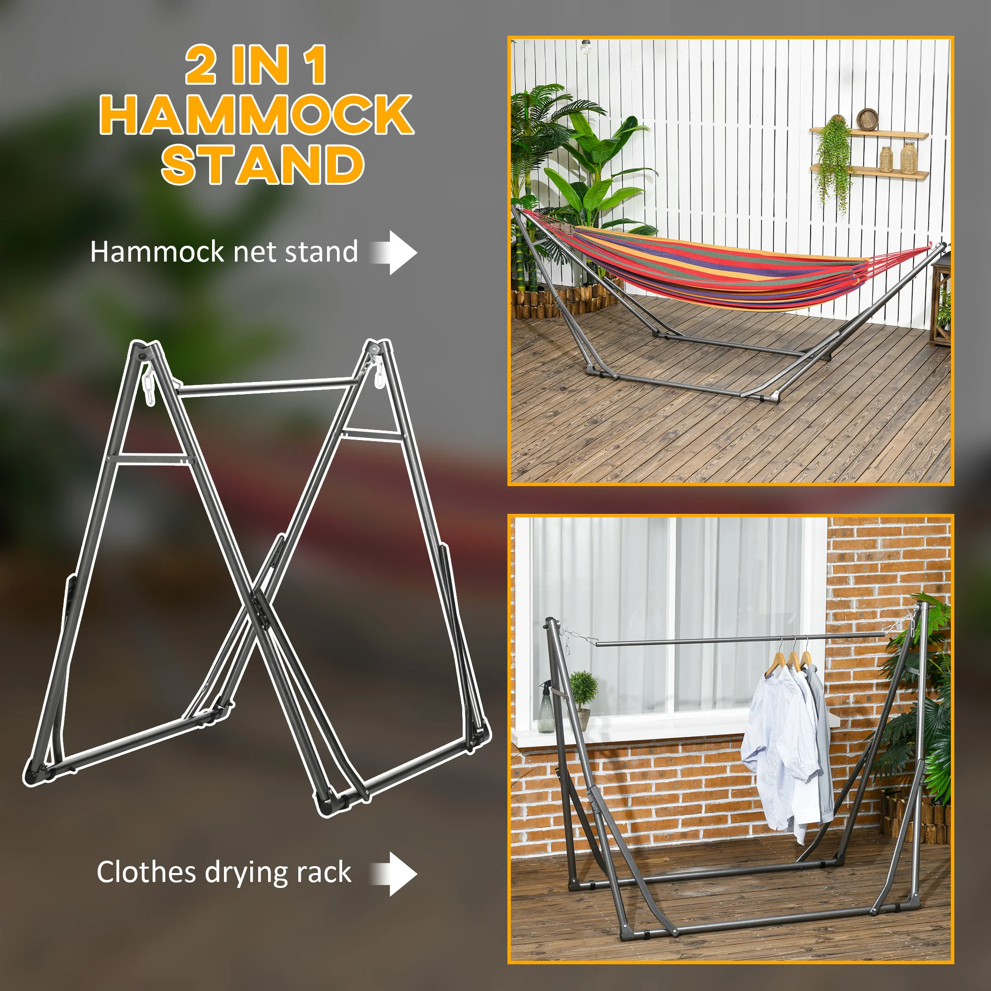 Outsunny Foldable Hammock Stand, 2 in 1 Hammock Net Stand & Clothes Drying Rack - Image 3