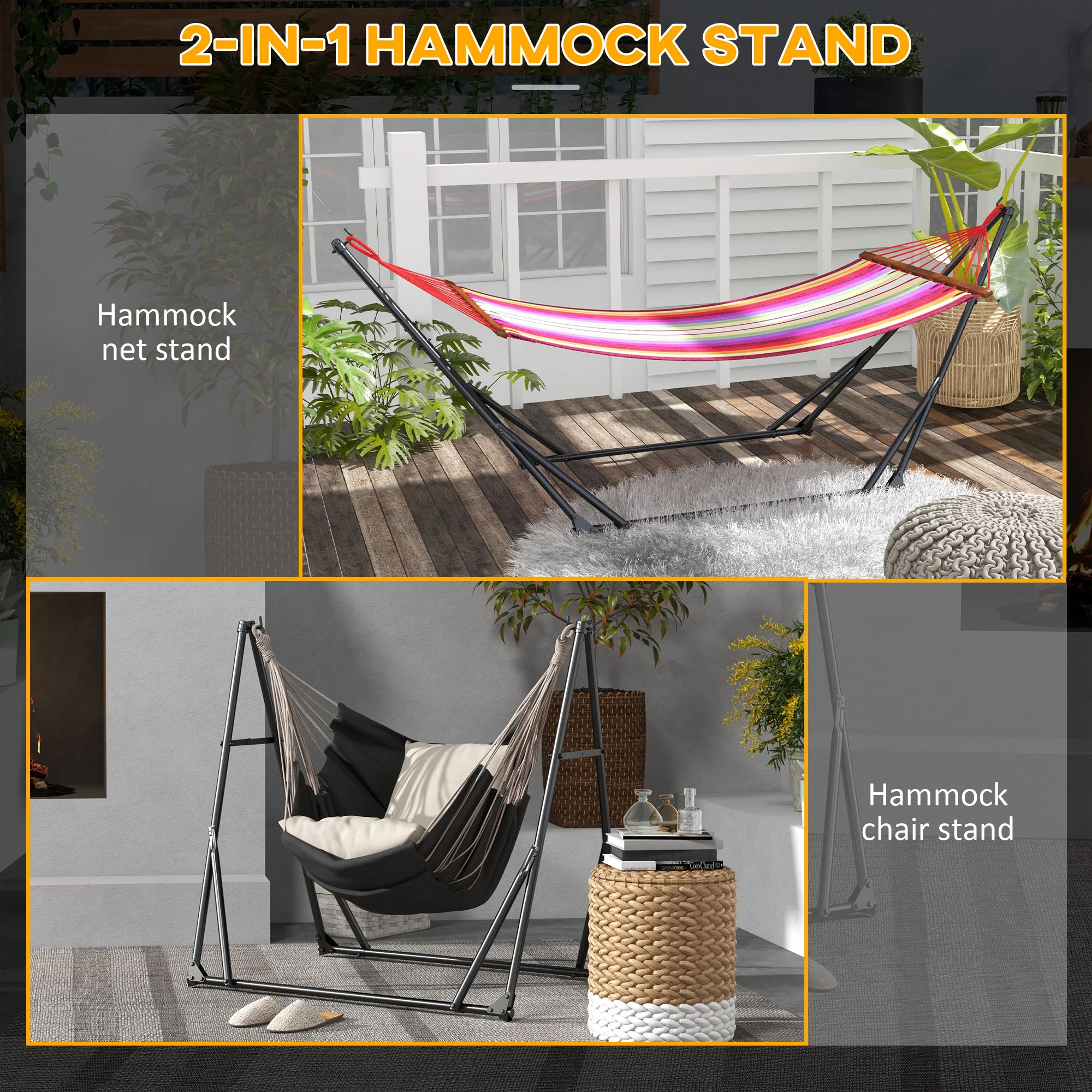 Outsunny Foldable Hammock Stand, 2 in 1 Hammock Net Stand, Hammock Chair Stand - Image 3