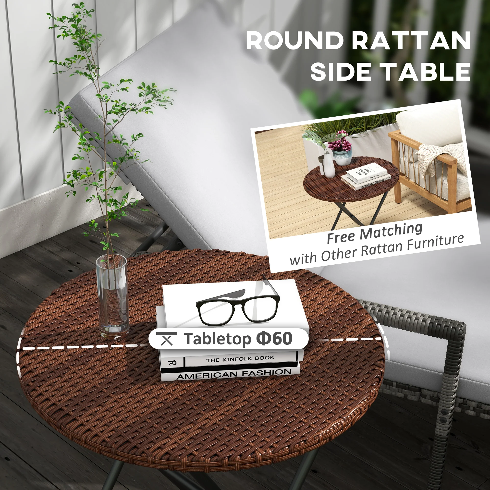 Outsunny Foldable Outdoor Coffee Table, Metal Frame Rattan Side Table, Brown - Image 3