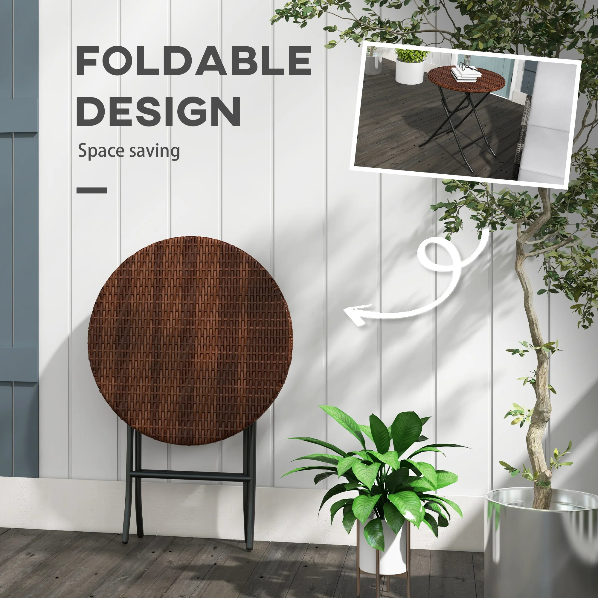 Outsunny Foldable Outdoor Coffee Table, Metal Frame Rattan Side Table, Brown - Image 6