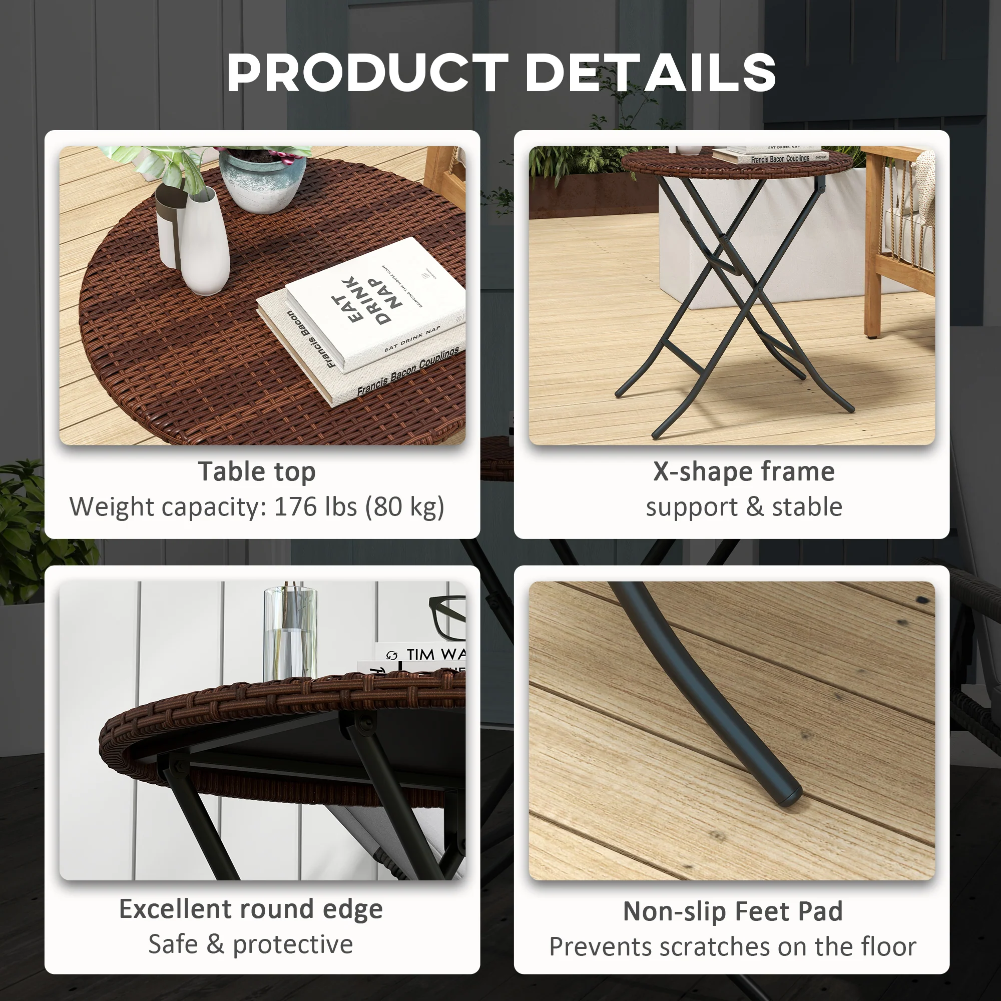 Outsunny Foldable Outdoor Coffee Table, Metal Frame Rattan Side Table, Brown - Image 7