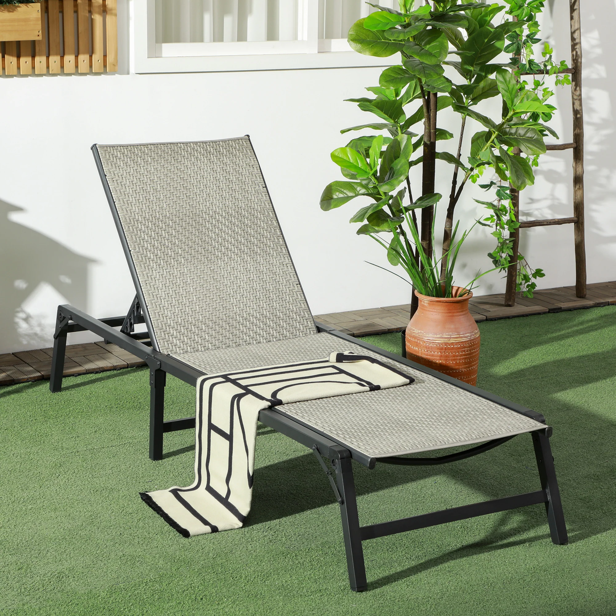 Outsunny Foldable PE Rattan Sun Lounger w/ 5-Level Adjustable Backrest Mix Grey - Image 2