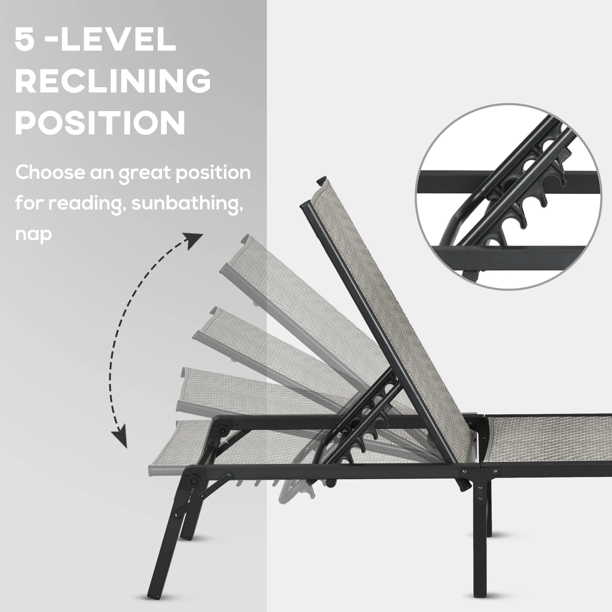 Outsunny Foldable PE Rattan Sun Lounger w/ 5-Level Adjustable Backrest Mix Grey - Image 4