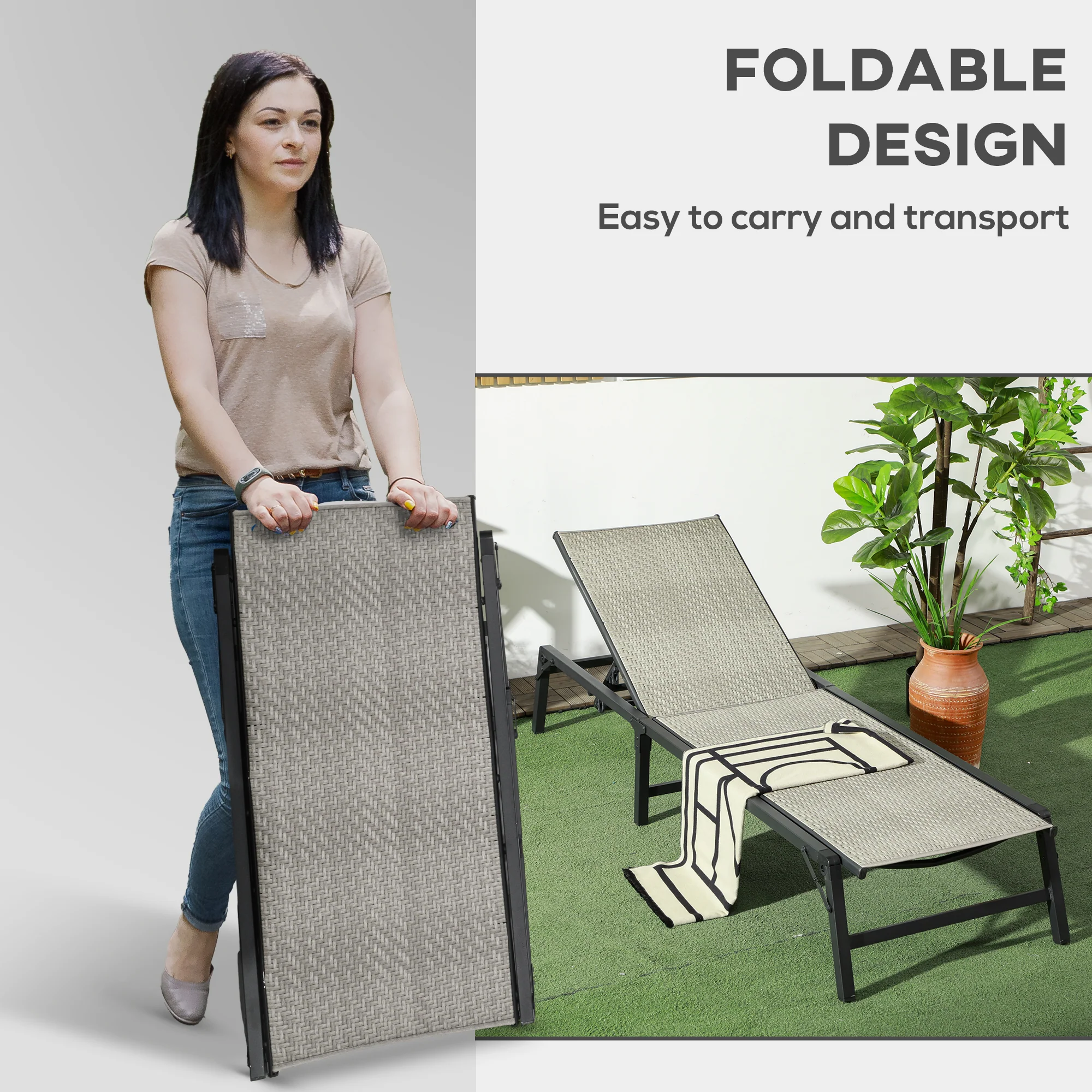 Outsunny Foldable PE Rattan Sun Lounger w/ 5-Level Adjustable Backrest Mix Grey - Image 6