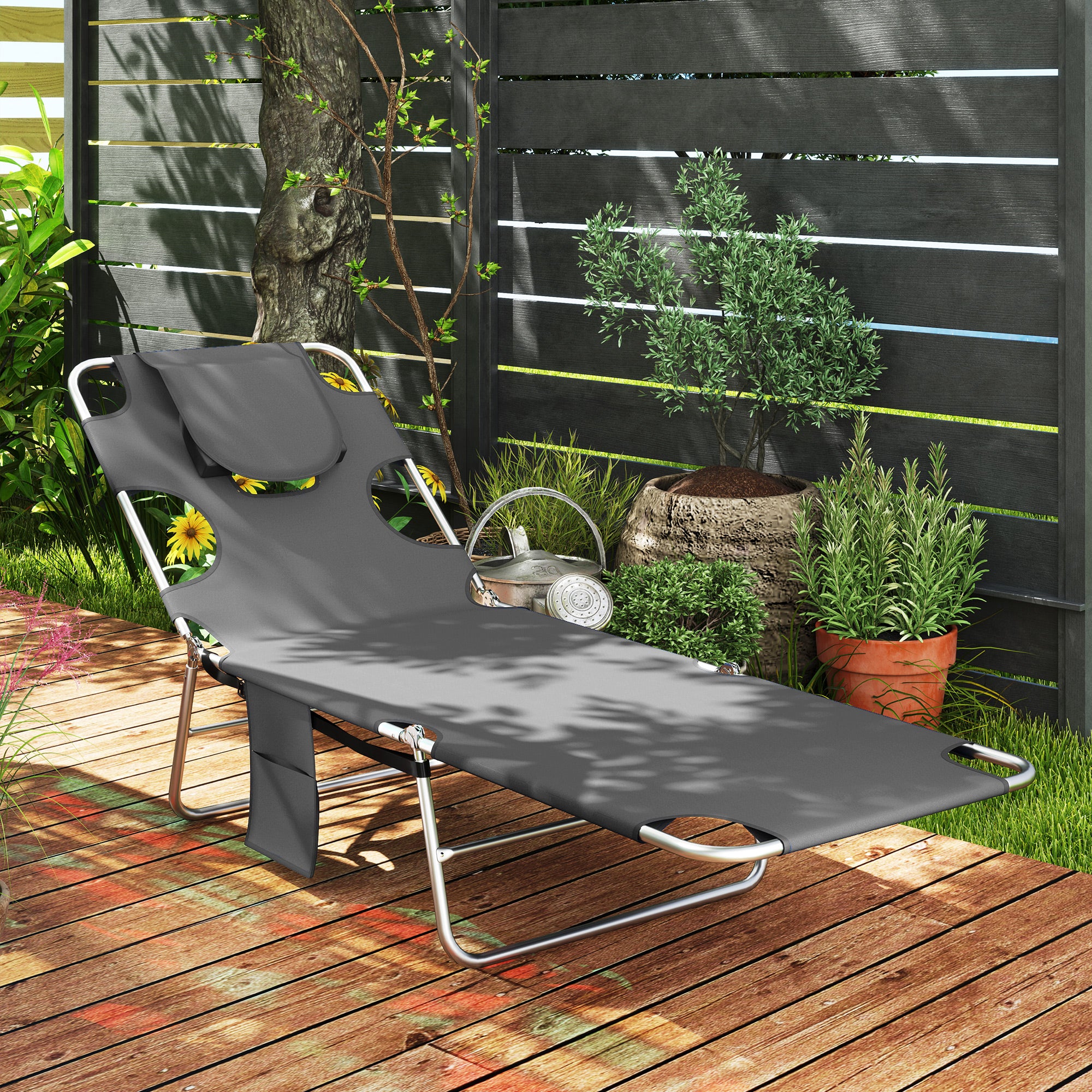 Outsunny Foldable Sun Lounger 5 Level Adjustable Reclining Chair Dark Grey - Image 2