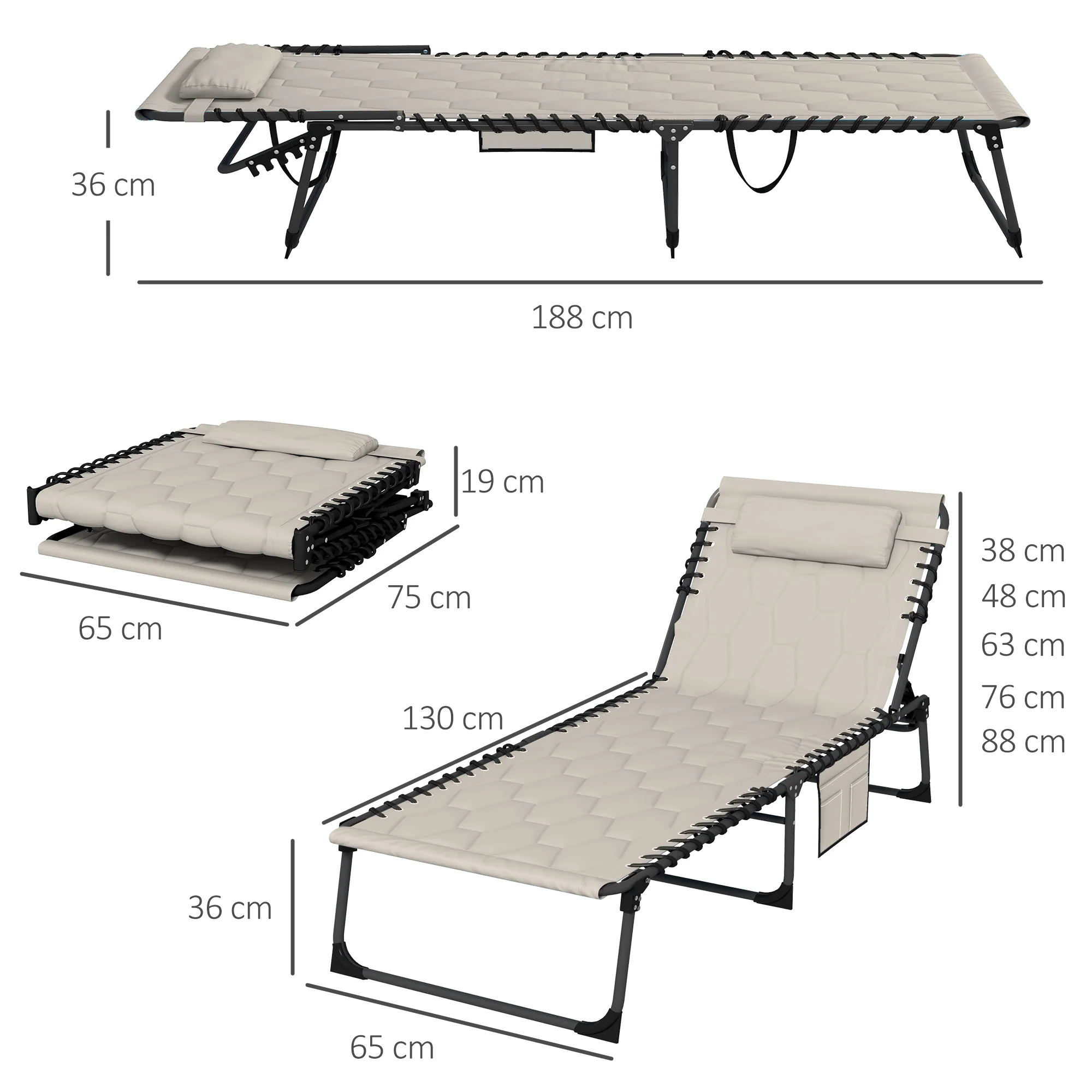 Outsunny Foldable Sun Lounger w/ Padded Seat (Choice of Single or Set) - Image 5
