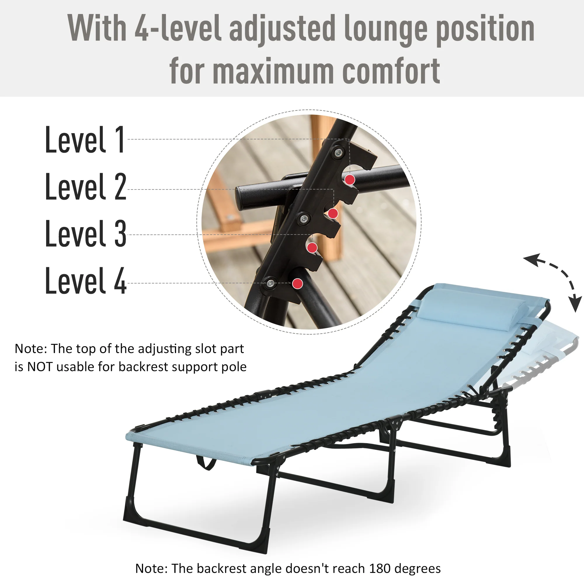 Outsunny Folding Beach Chair Chaise Lounge 4 Adjustable Positions, Baby Blue - Image 3