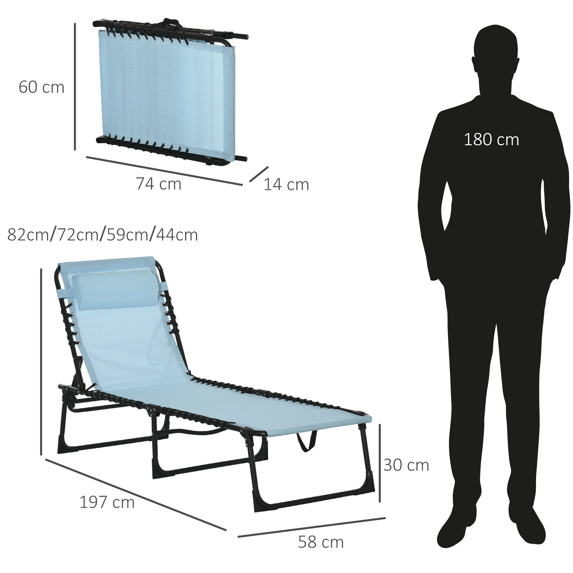 Outsunny Folding Beach Chair Chaise Lounge 4 Adjustable Positions, Baby Blue - Image 5