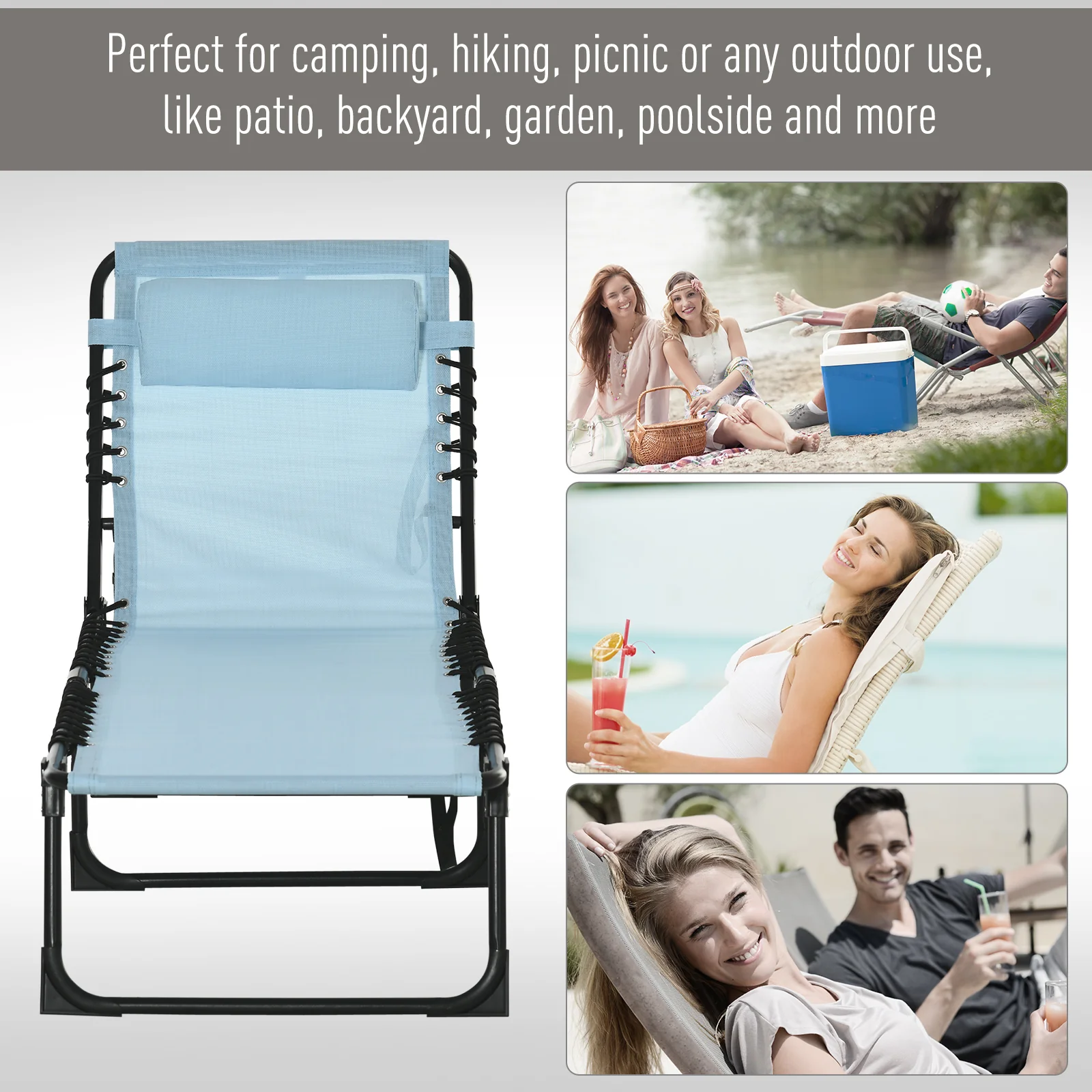 Outsunny Folding Beach Chair Chaise Lounge 4 Adjustable Positions, Baby Blue - Image 7