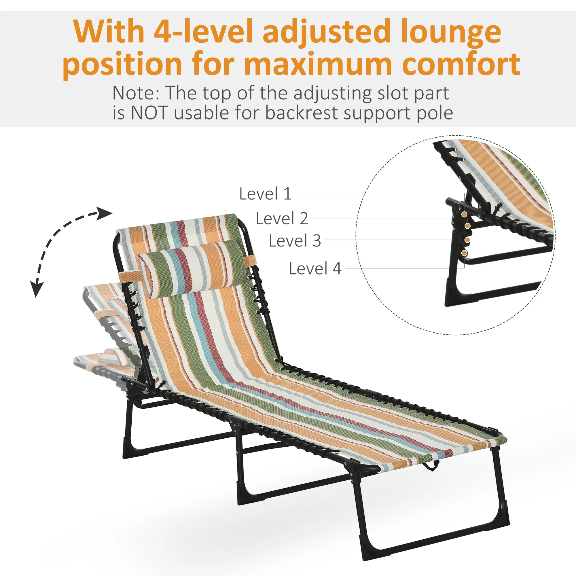 Outsunny Folding Beach Chair Chaise Lounge 4 Adjustable Positions, Multicolored - Image 3