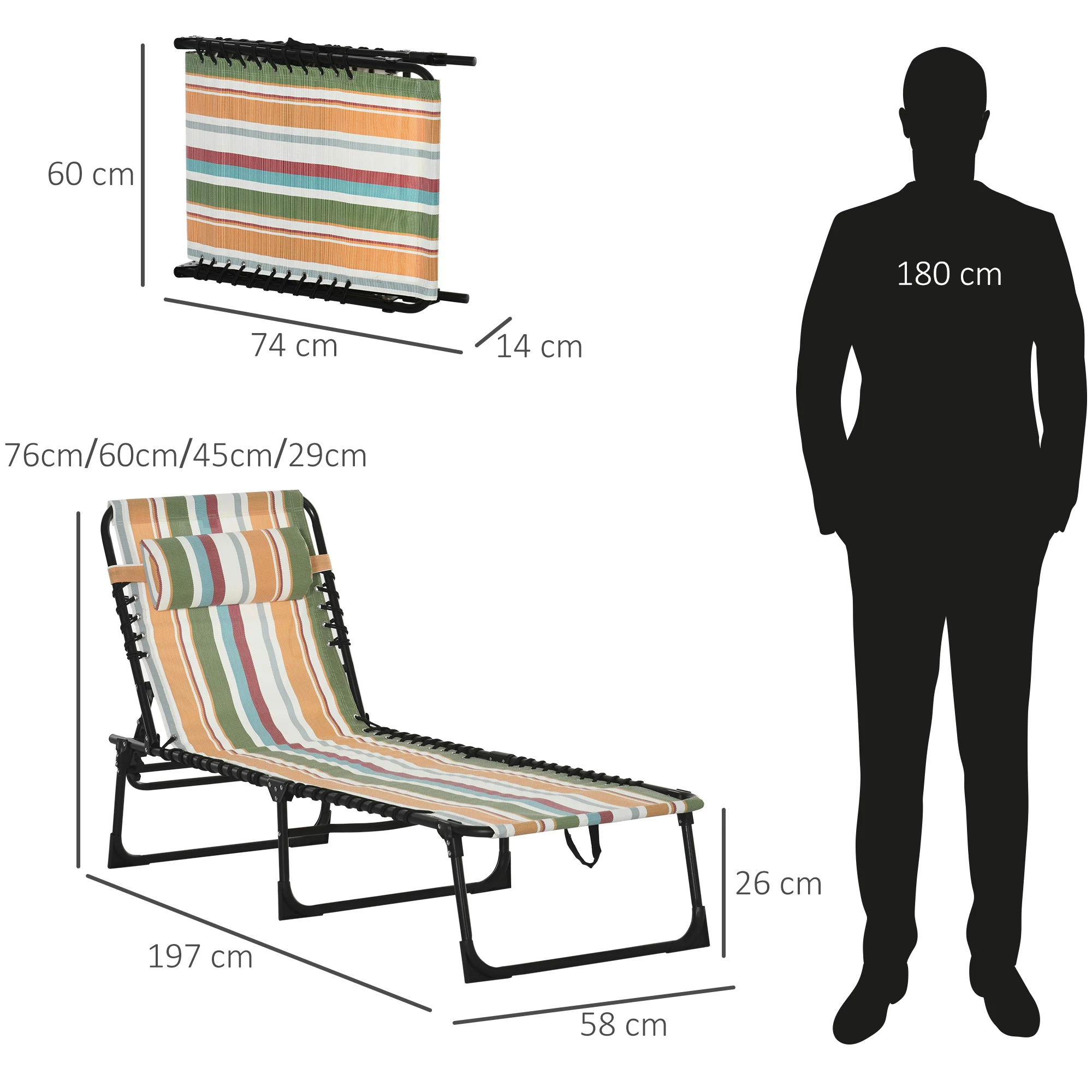 Outsunny Folding Beach Chair Chaise Lounge 4 Adjustable Positions, Multicolored - Image 5