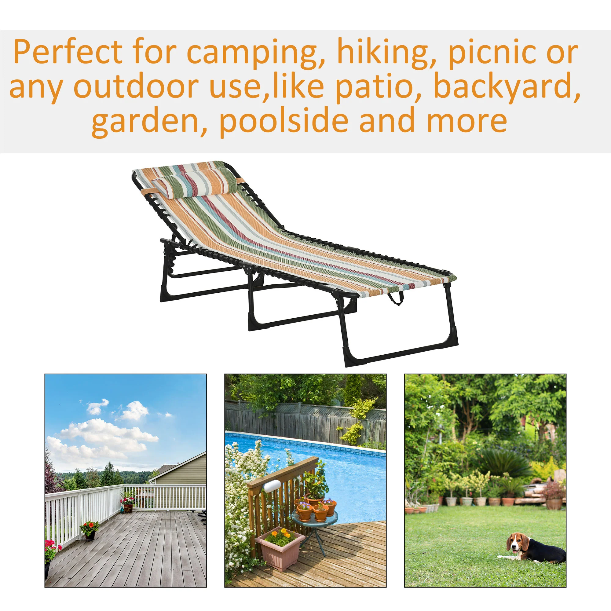 Outsunny Folding Beach Chair Chaise Lounge 4 Adjustable Positions, Multicolored - Image 7
