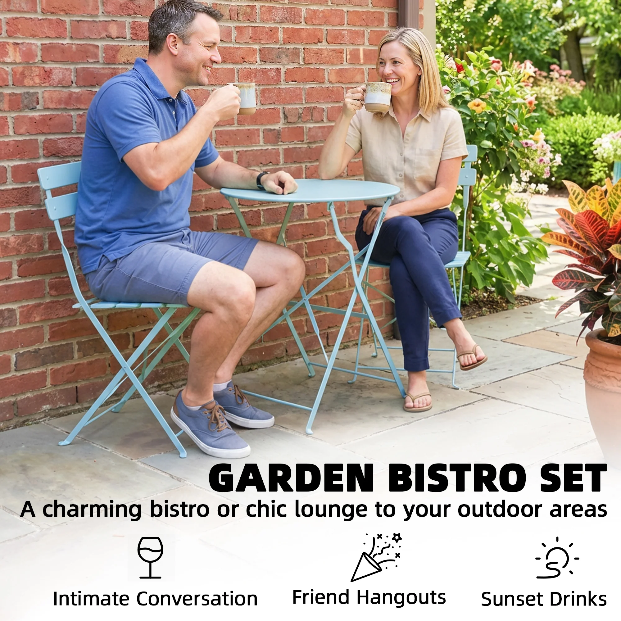 Outsunny Folding Bistro Set with Round Garden Table and Chairs, Light Blue - Image 4