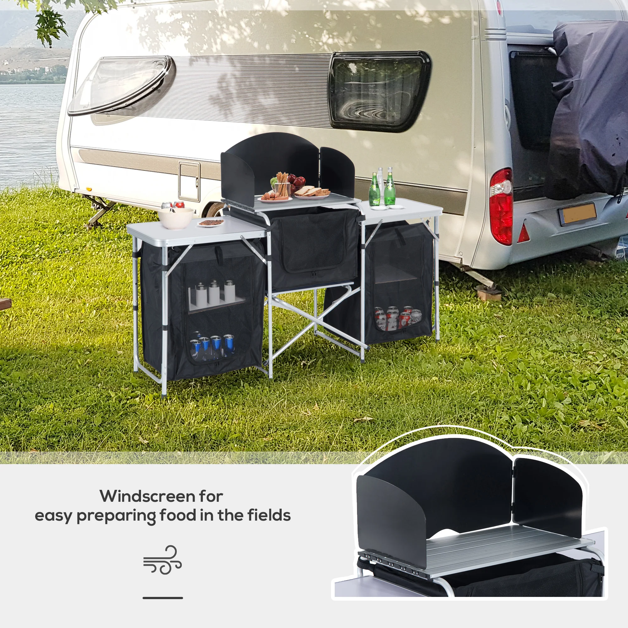 Outsunny Folding Camping Kitchen Portable Cooking Table Picnic Storage Cabinet - Image 4