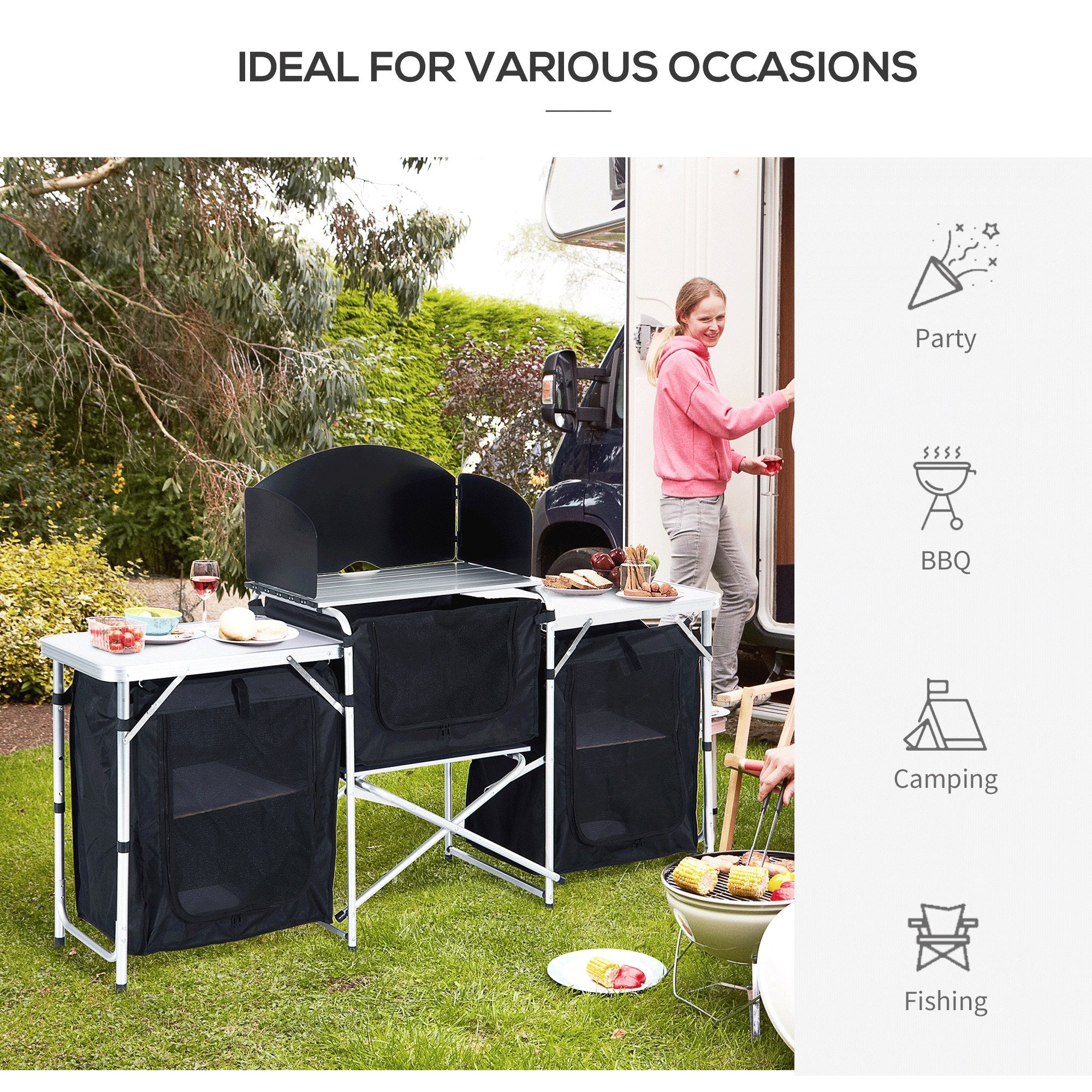 Outsunny Folding Camping Kitchen Portable Cooking Table Picnic Storage Cabinet - Image 7