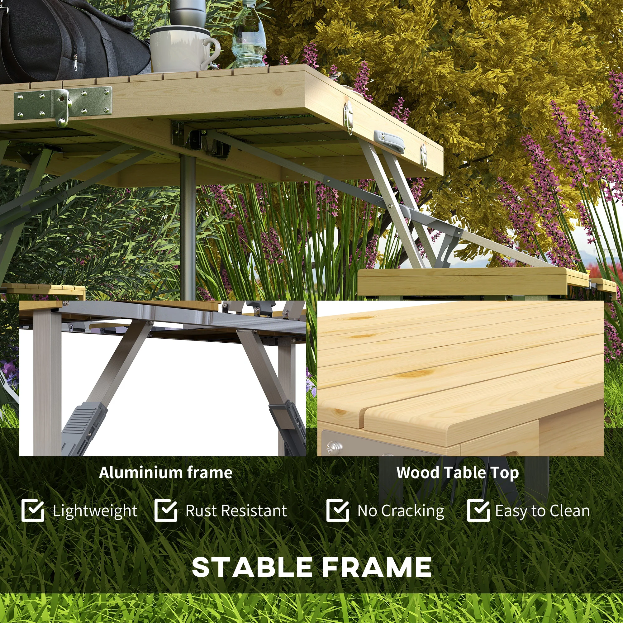 Outsunny Folding Camping Table and Chairs with Umbrella Hole, Aluminium Frame - Image 4