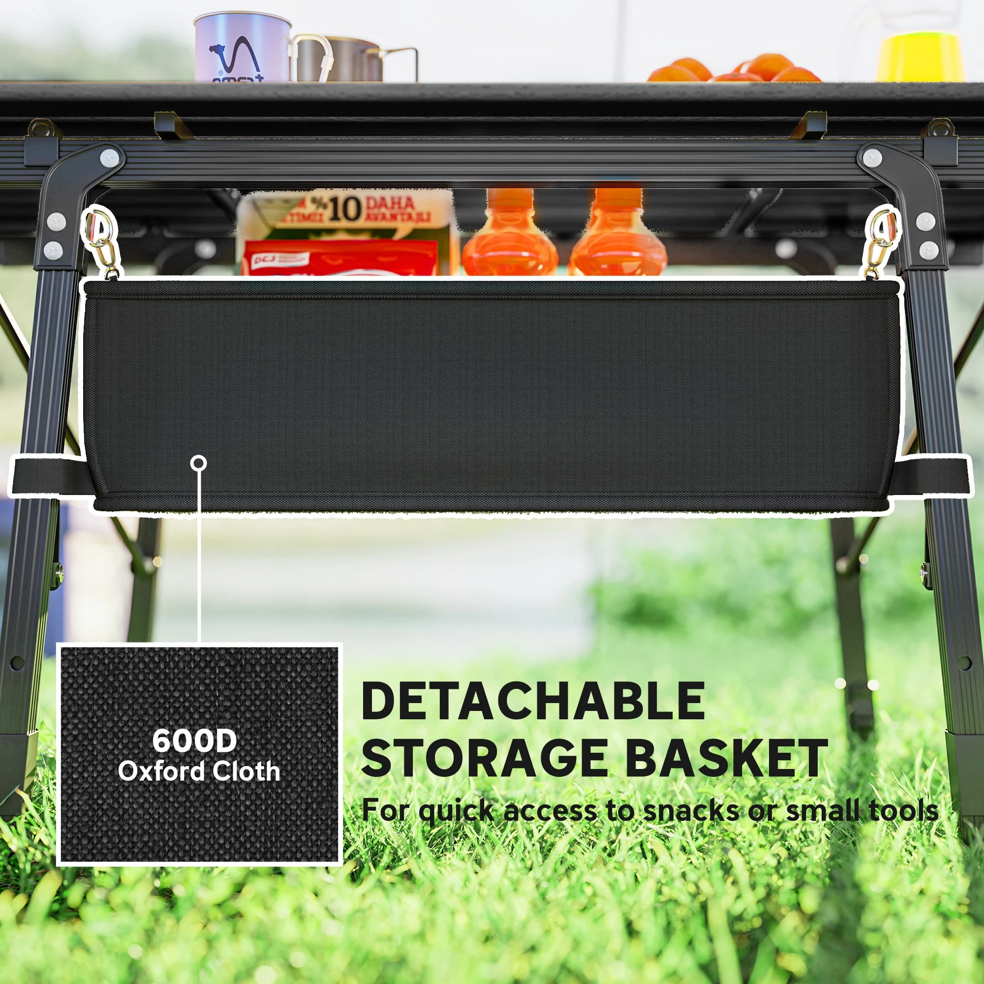 Outsunny Folding Camping Table w/ Adjustable Height, Storage Basket, Black - Image 3